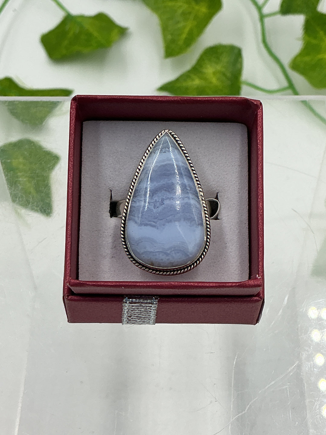 Blue Lace Agate Teardrop Sterling Silver Ring – Natural Cabochon | Size 8
