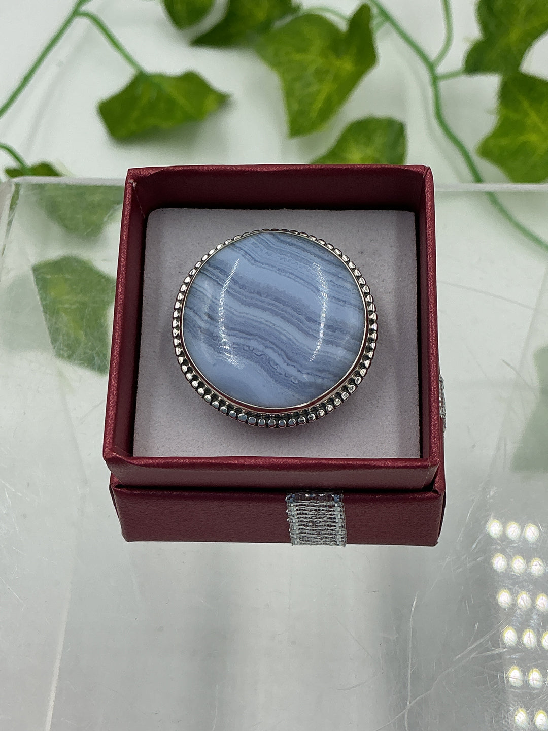 Blue Lace Agate Round Sterling Silver Ring – Natural Gemstone Statement Ring | Size 9