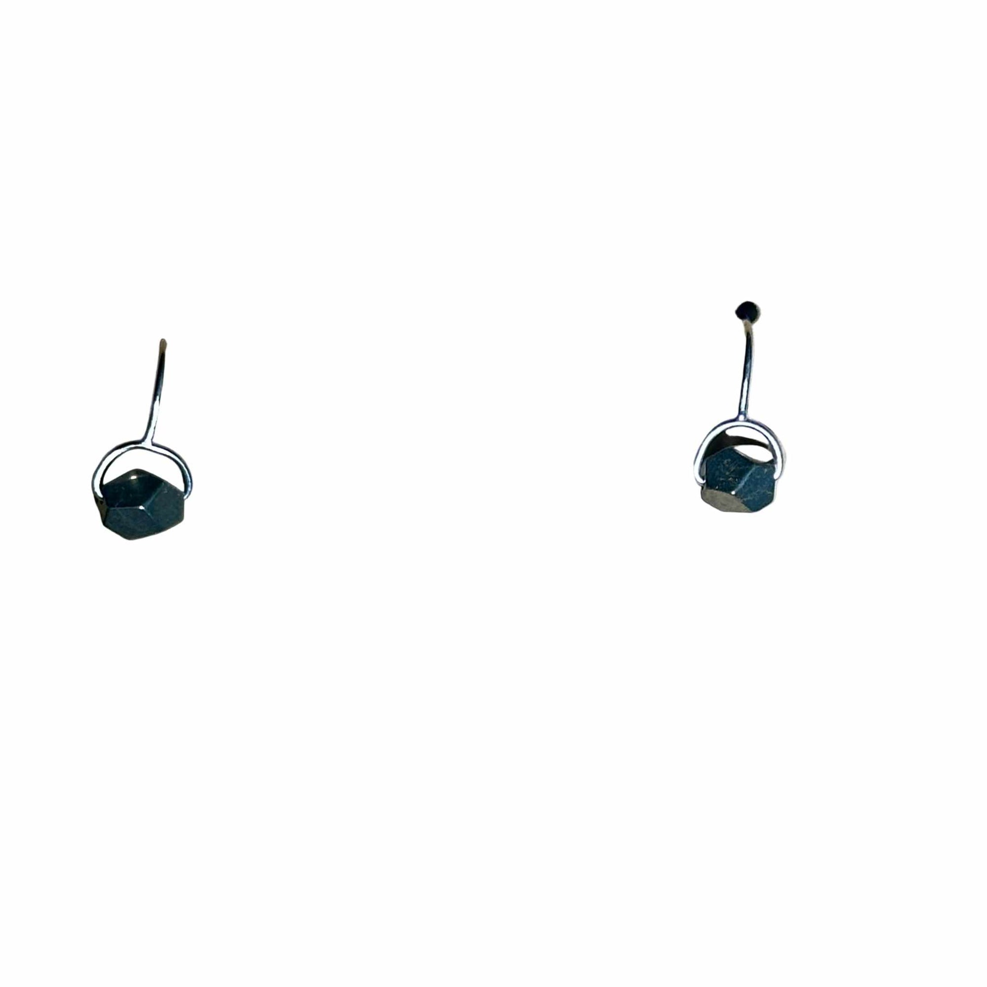Sterling Silver geometric Pyrite earrings on a white background