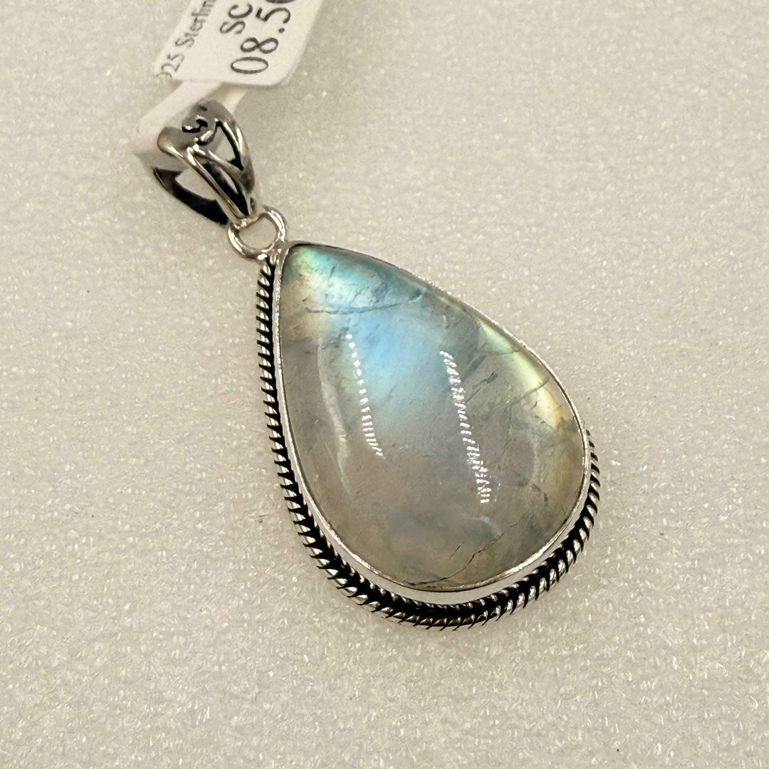 Sterling Silver Rainbow Moonstone Teardrop Pendant with Rope Edge