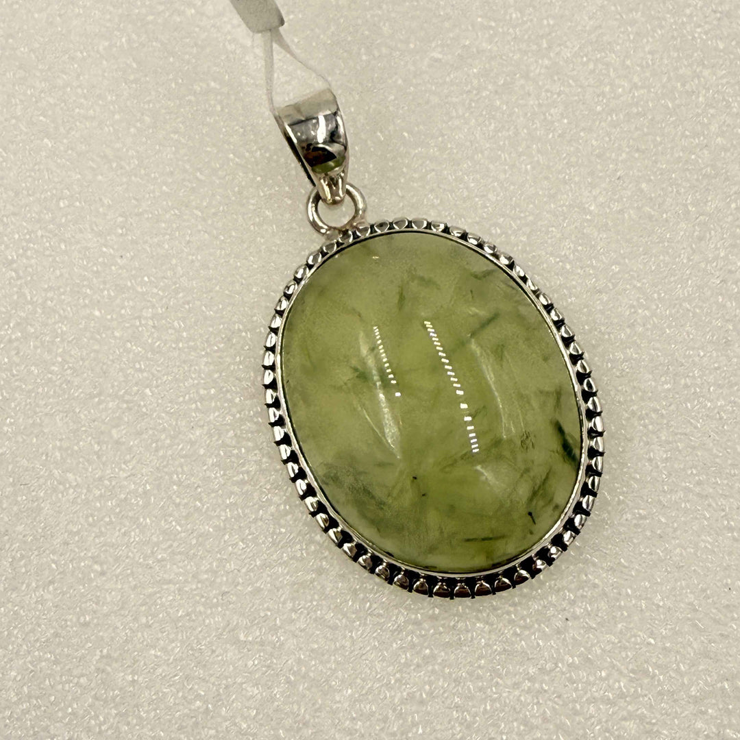 Sterling Silver Prehnite Oval Pendant with Beaded Bezel