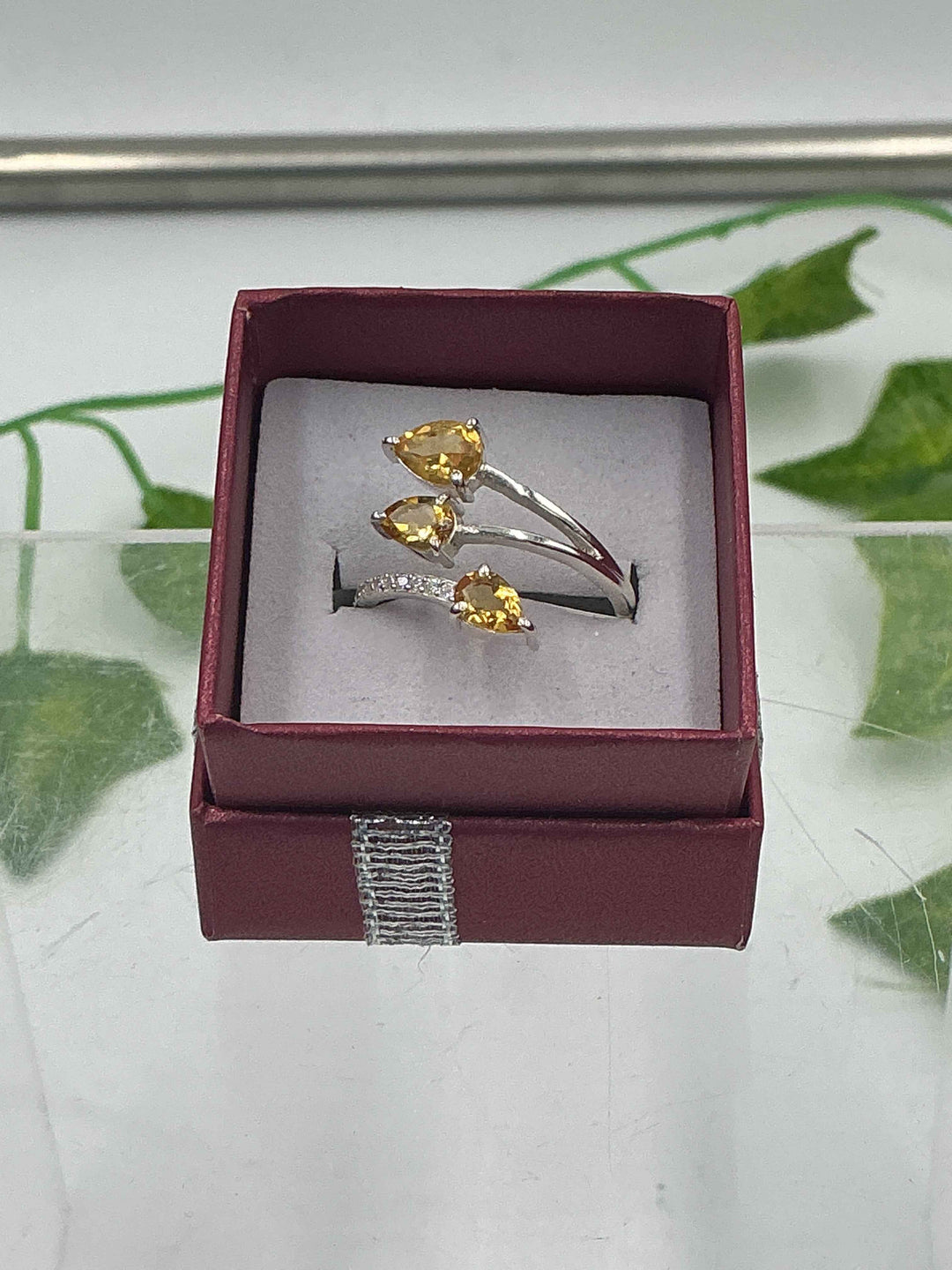 Sterling Silver Citrine Three Stone Bypass Ring - Size 8