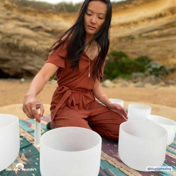 Set of 7 White Sound Therapy Bowls in Beige Carry-On Cases