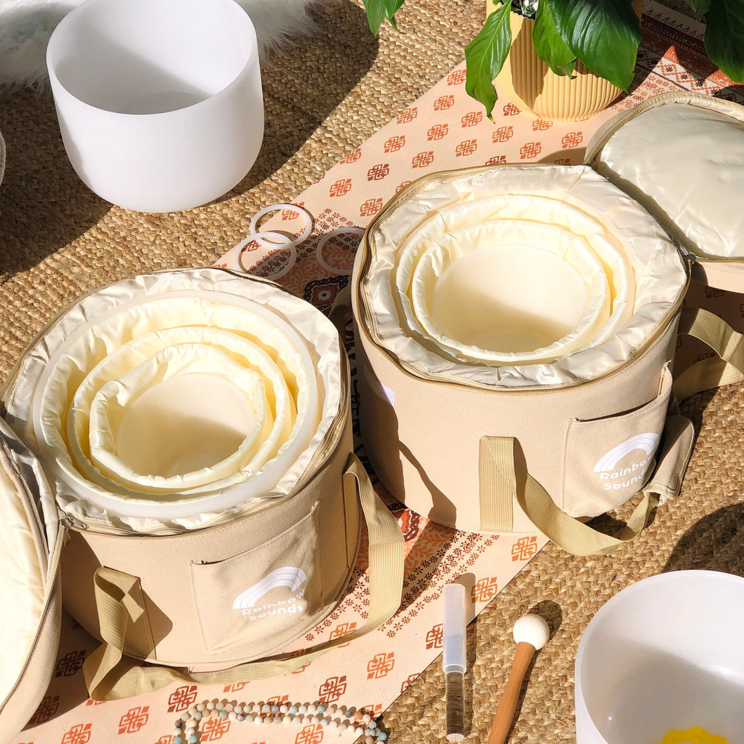 Set of 3 White Sound Therapy Bowls in Beige Case