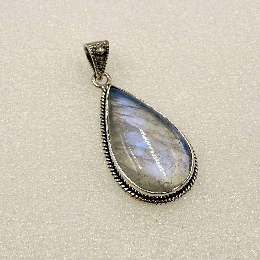 Sterling Silver Rainbow Moonstone Teardrop Pendant with Rope Bezel