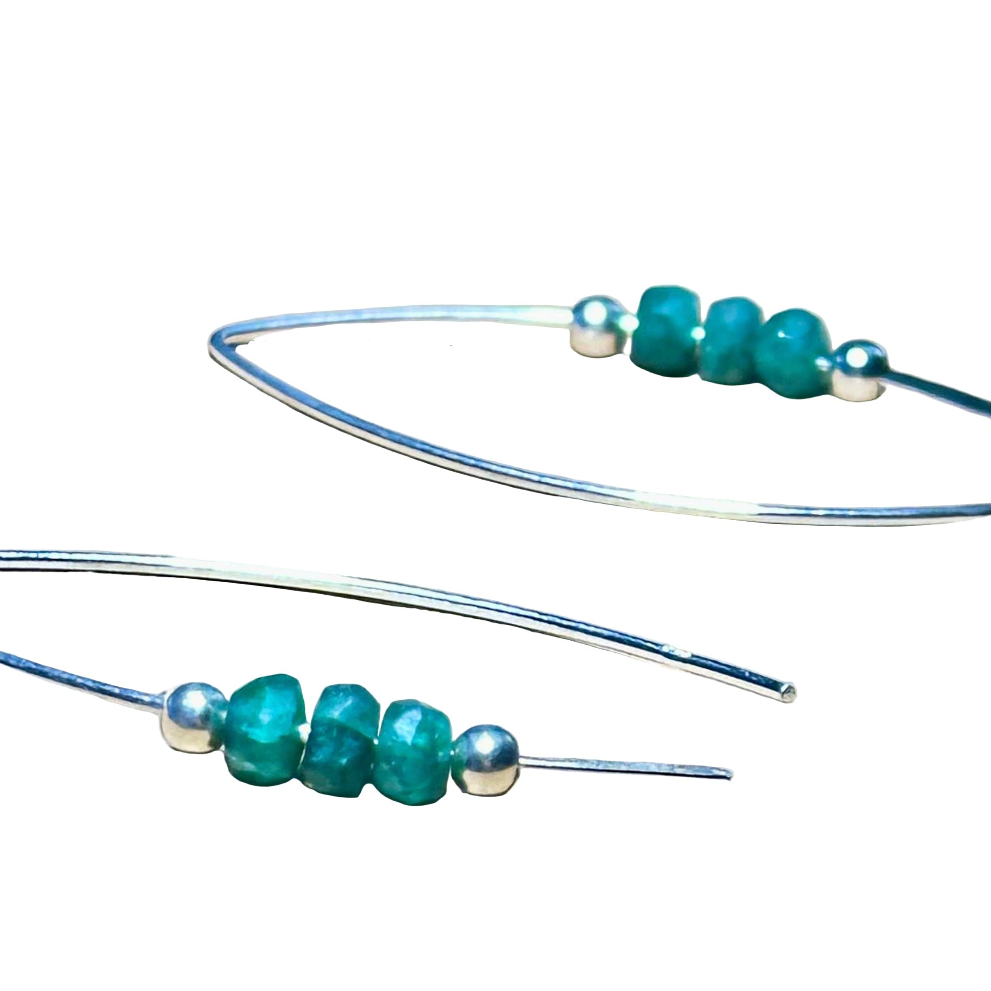 Sterling silver Crescent Bertoni earrings with natural emerald beads in a sleek minimalist design