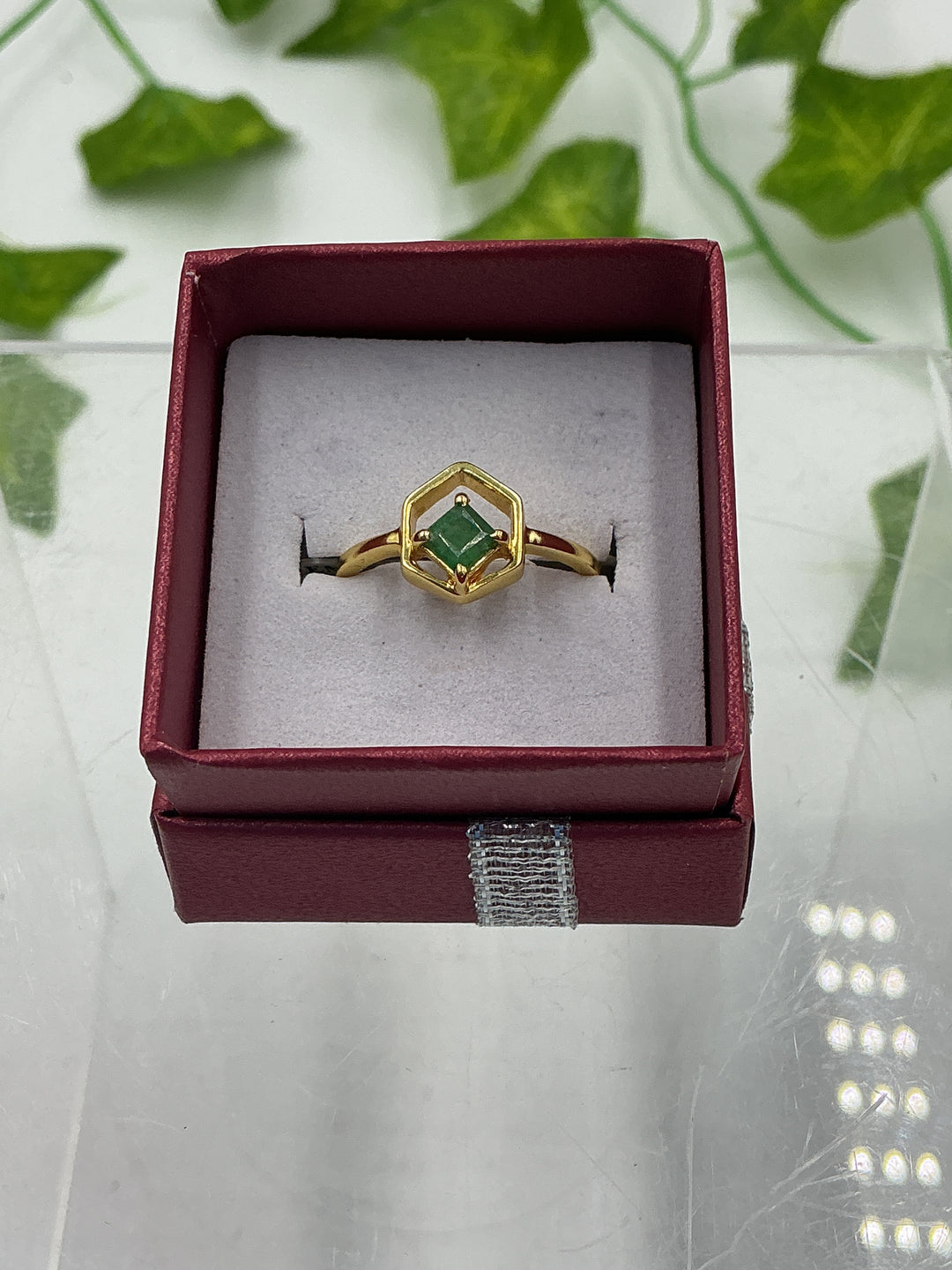 Faceted Emerald Hexagon Vermeil Gold Over Sterling Silver Ring – Size 7