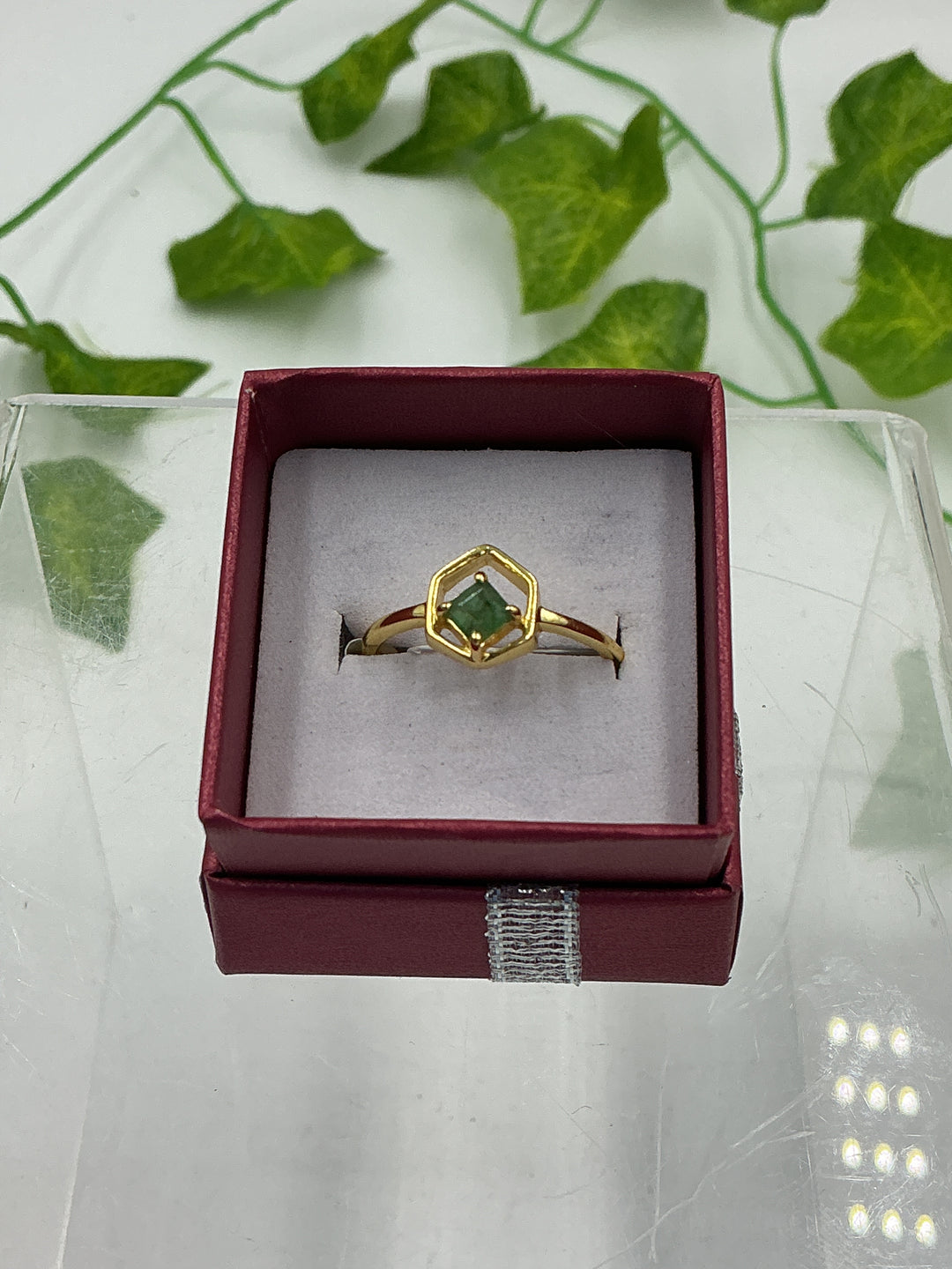 Natural Faceted Emerald Hexagon Vermeil Gold Over Sterling Silver Ring – Size 9 | Geometric May Birthstone Ring