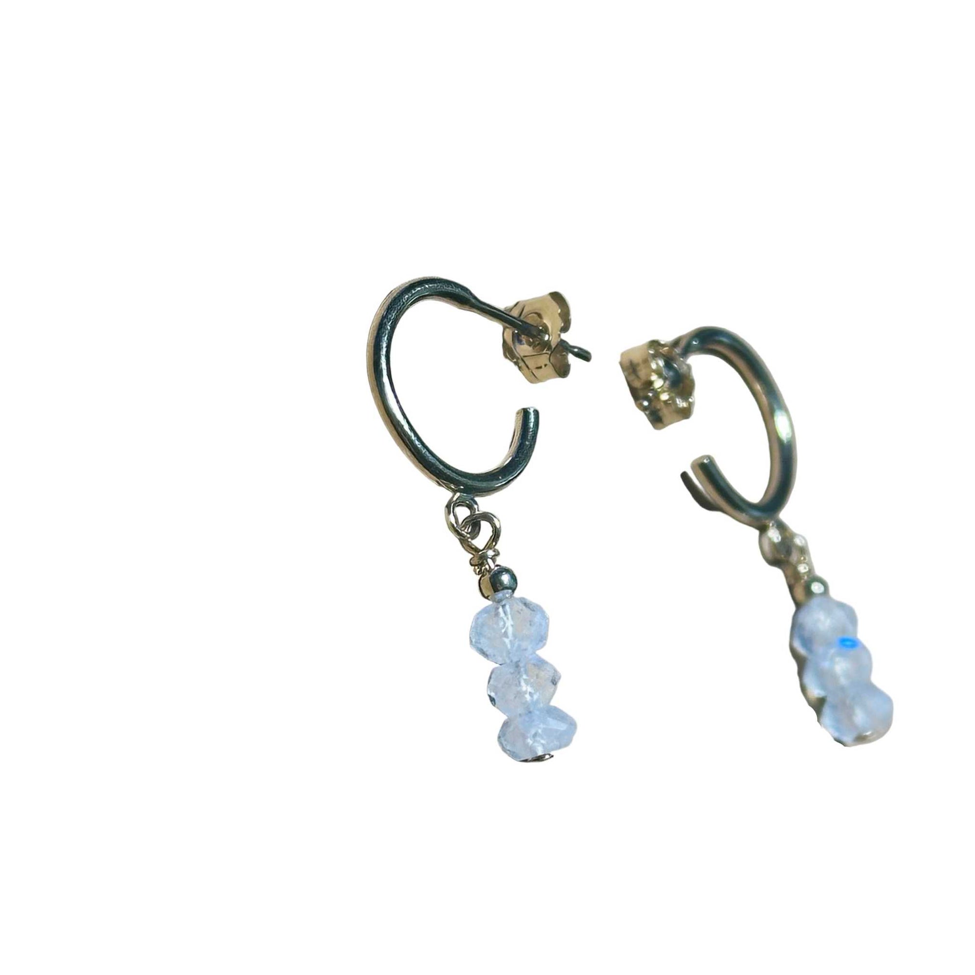 Gold-filled sterling silver Bertoni hoop earrings with faceted luminous rainbow moonstone beads