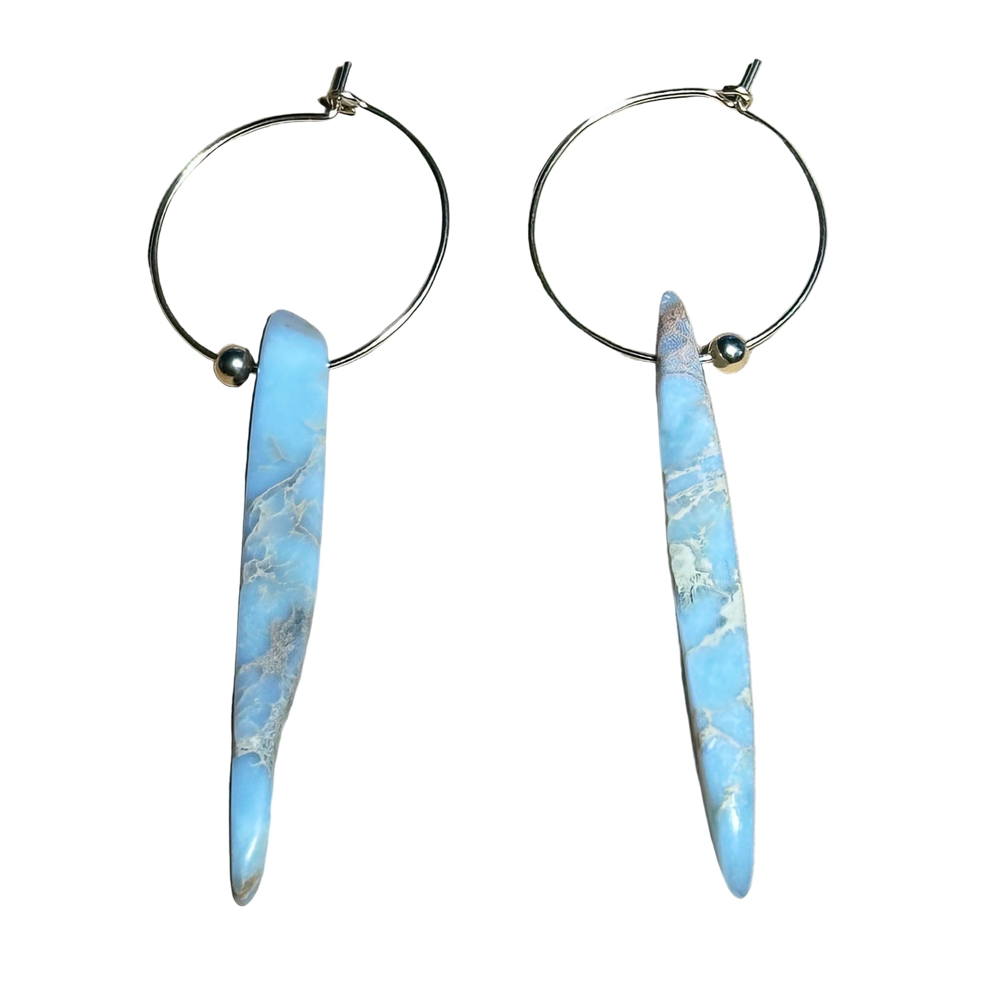 African Opal spear earrings with sky-blue marbled stones on 14k gold-filled sterling silver hoops