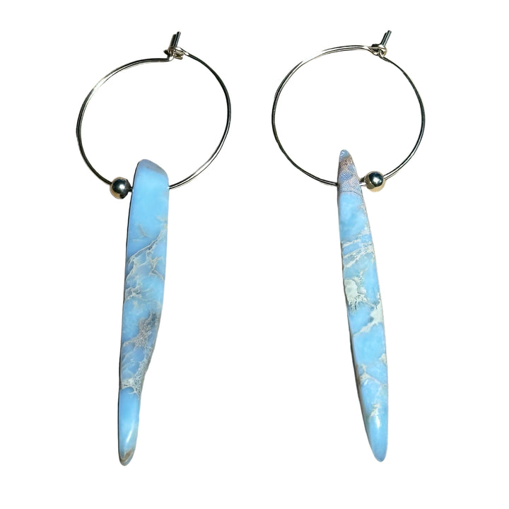 African Opal spear earrings with sky-blue marbled stones on 14k gold-filled sterling silver hoops