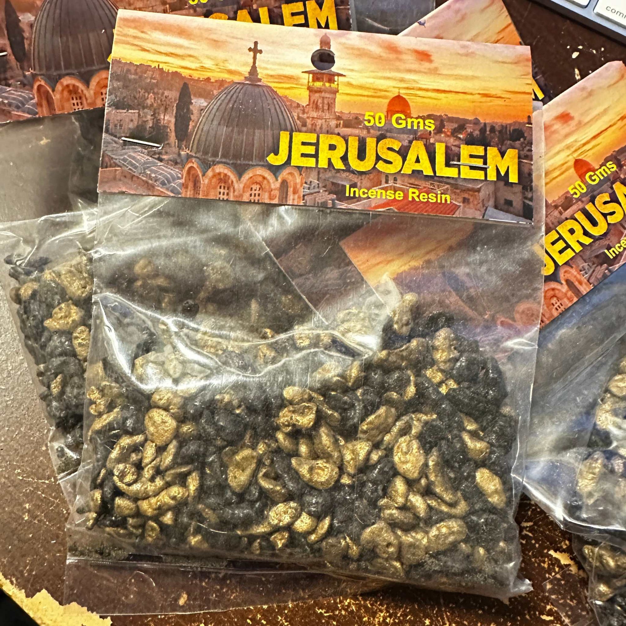 Jerusalem Incense Resin 50g packets displayed on a surface.