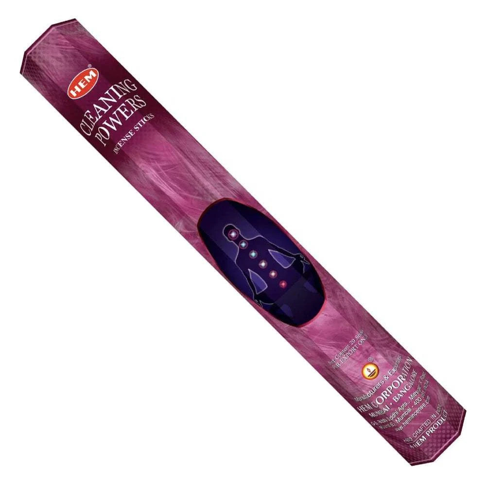 Hem incense sticks packaging with purple cleaning powers design on a white background