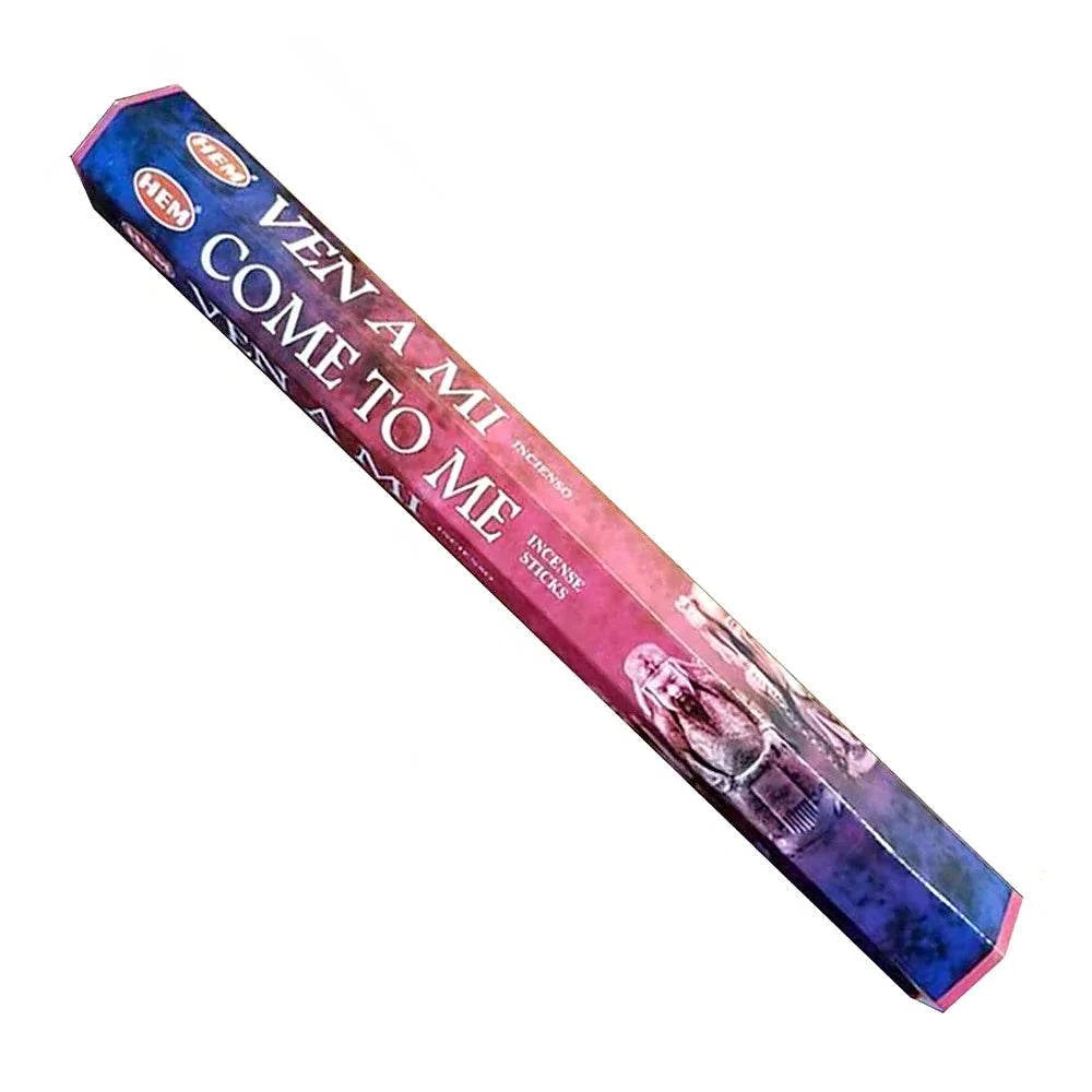 Hem come to me incense in purple and pink box on white background