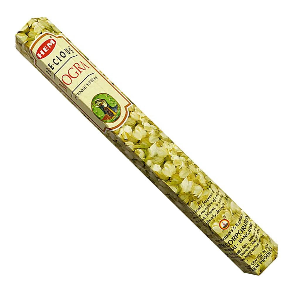 Pack of HEM mogra incense sticks with a white background