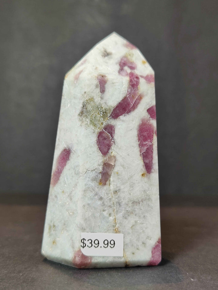 Rubellite (Pink Tourmaline) in Quartz Polished Obelisk Tower Sculpture