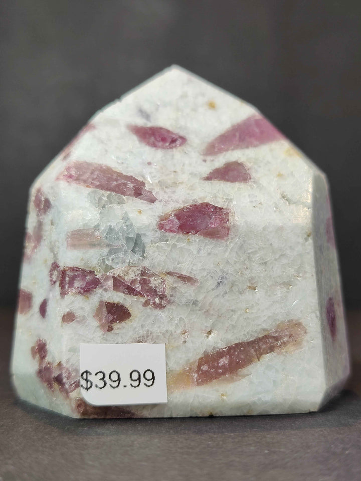 Rubellite (Pink Tourmaline) in Quartz Polished Obelisk Tower Sculpture