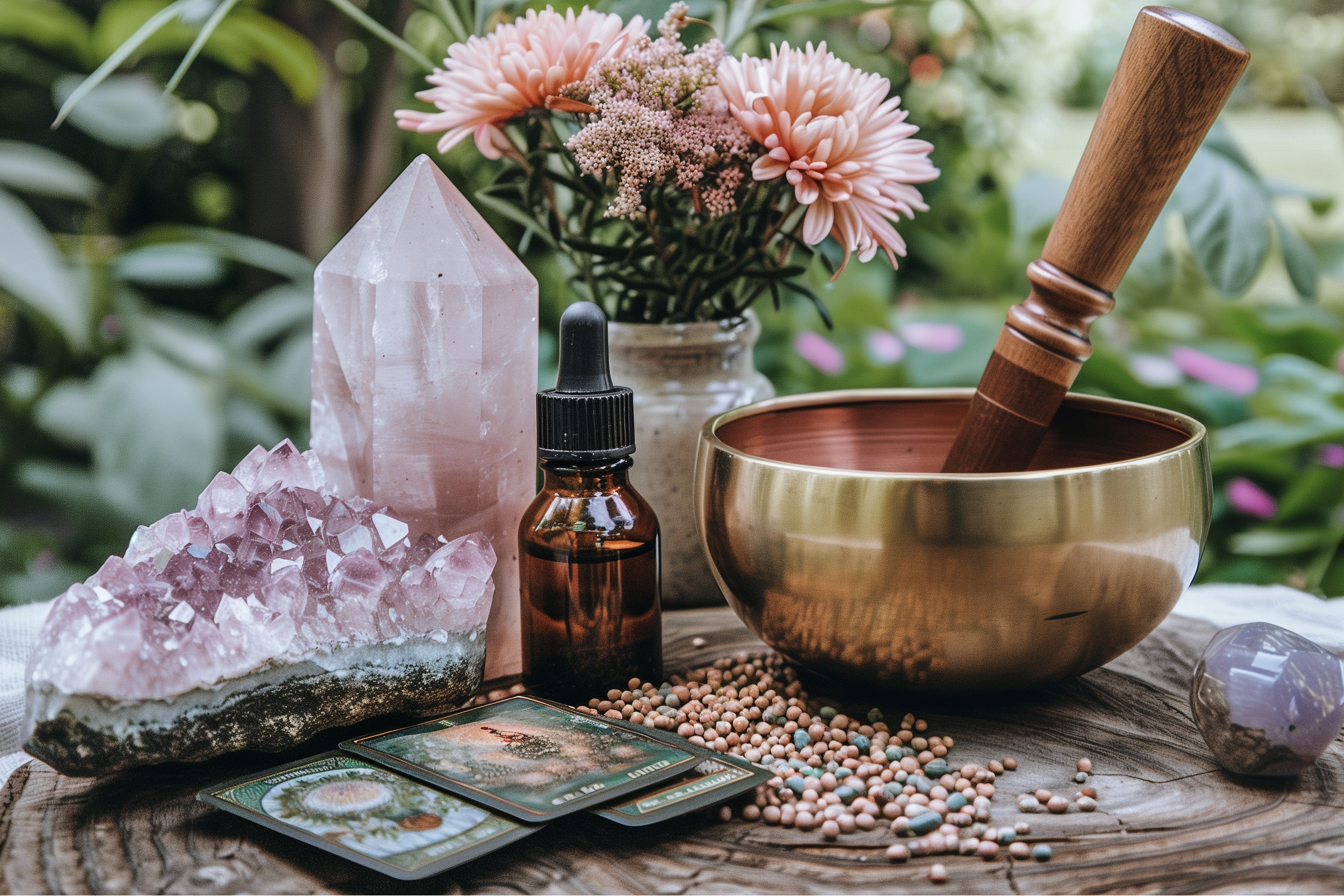 Sacred Crystals Home page Hero image banner of singing bowl, tarot cards, amethyst, flowers, rose quarts obelisk, on a tree trunk