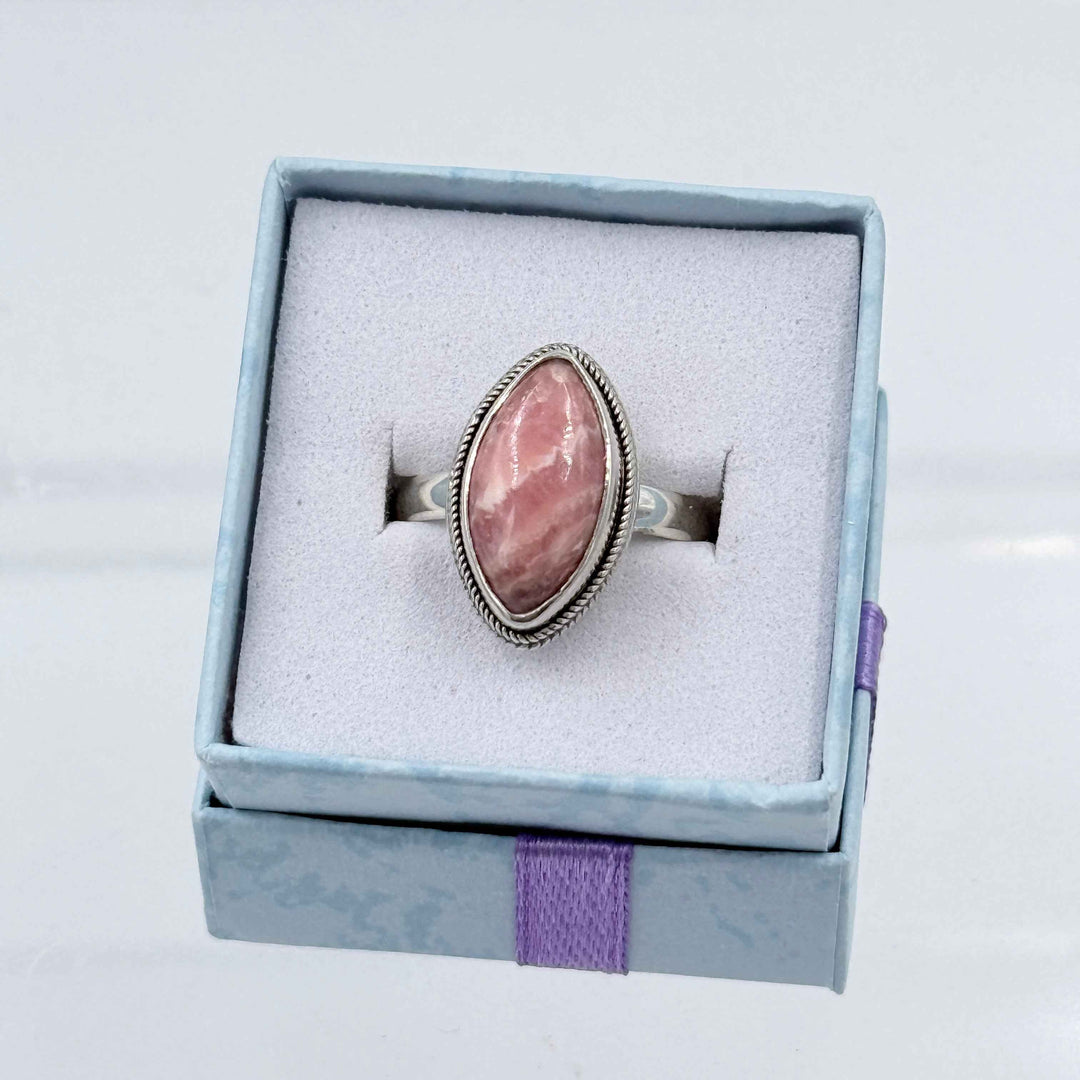 Sterling Silver Bezeled Marquise Rhodochrosite Ring - Size 7 - Loving, Compassionate & Healing