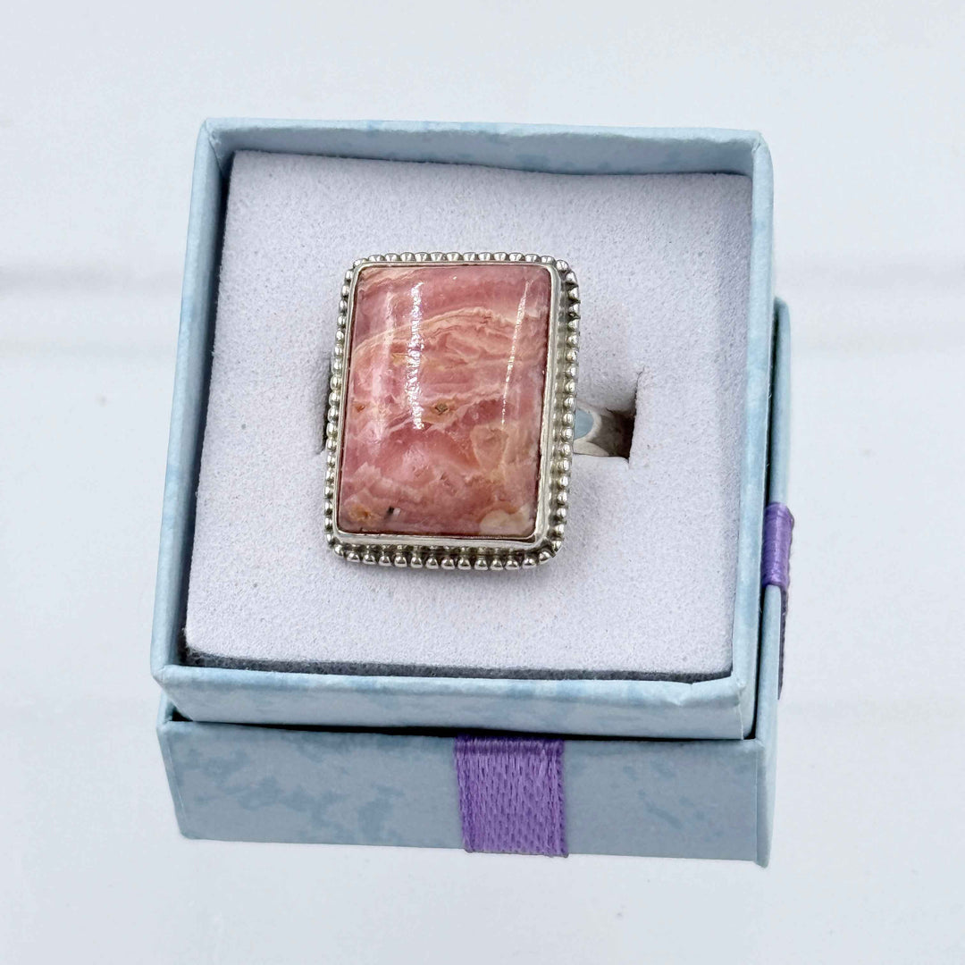 Sterling Silver Bezeled Emerald Cut Rhodochrosite Ring - Size 8 - Loving, Compassionate & Healing