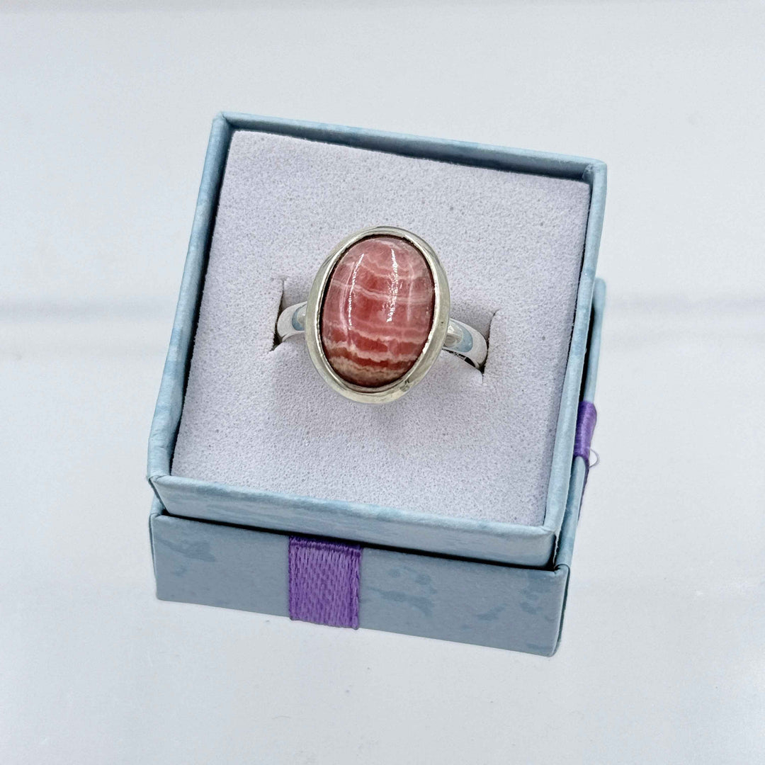Sterling Silver Halo Oval Rhodochrosite Ring - Size 8 - Loving, Compassionate & Healing