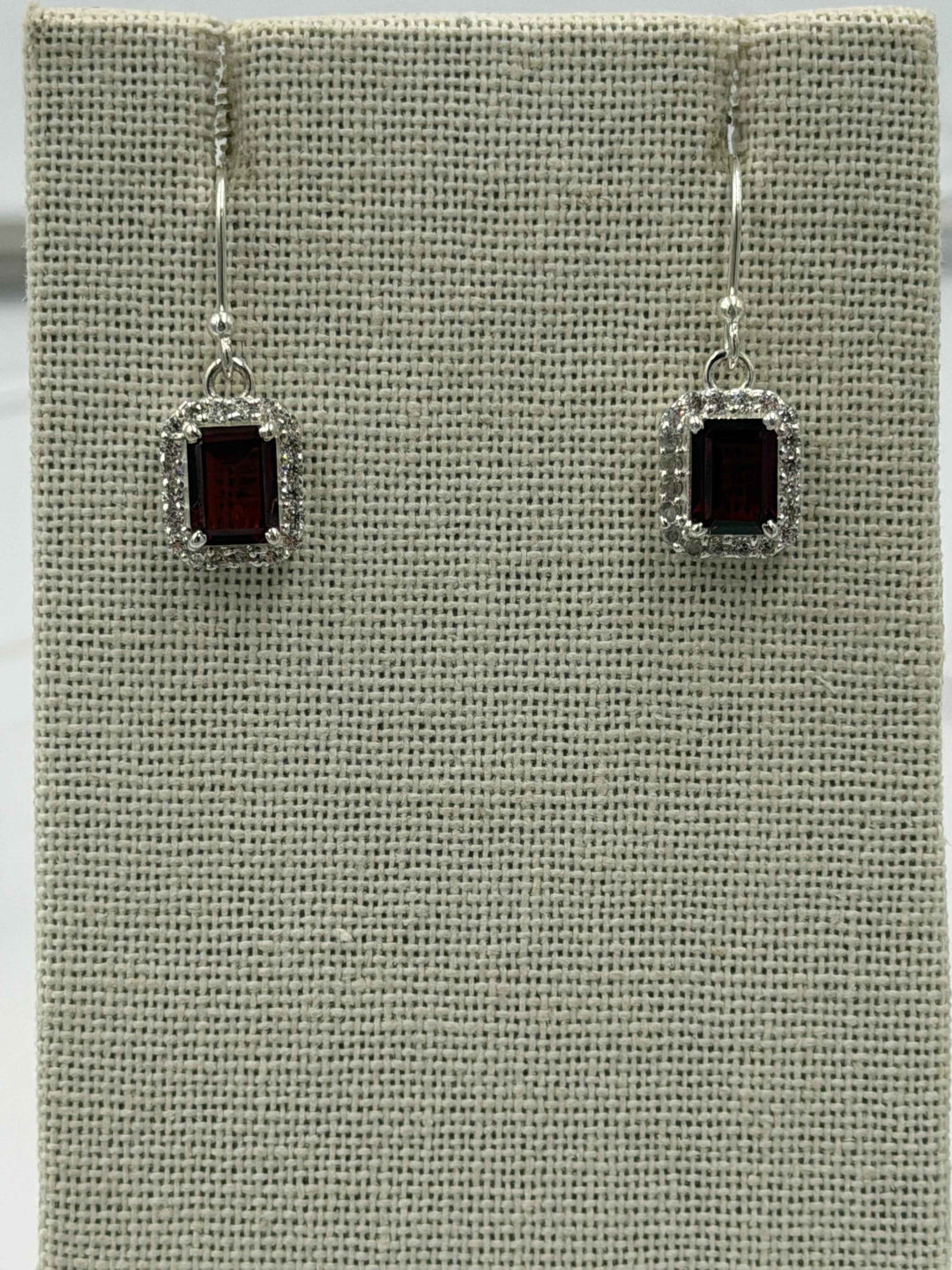 Sterling Silver Sparkled Rectangular  Garnet Dangle Earrings