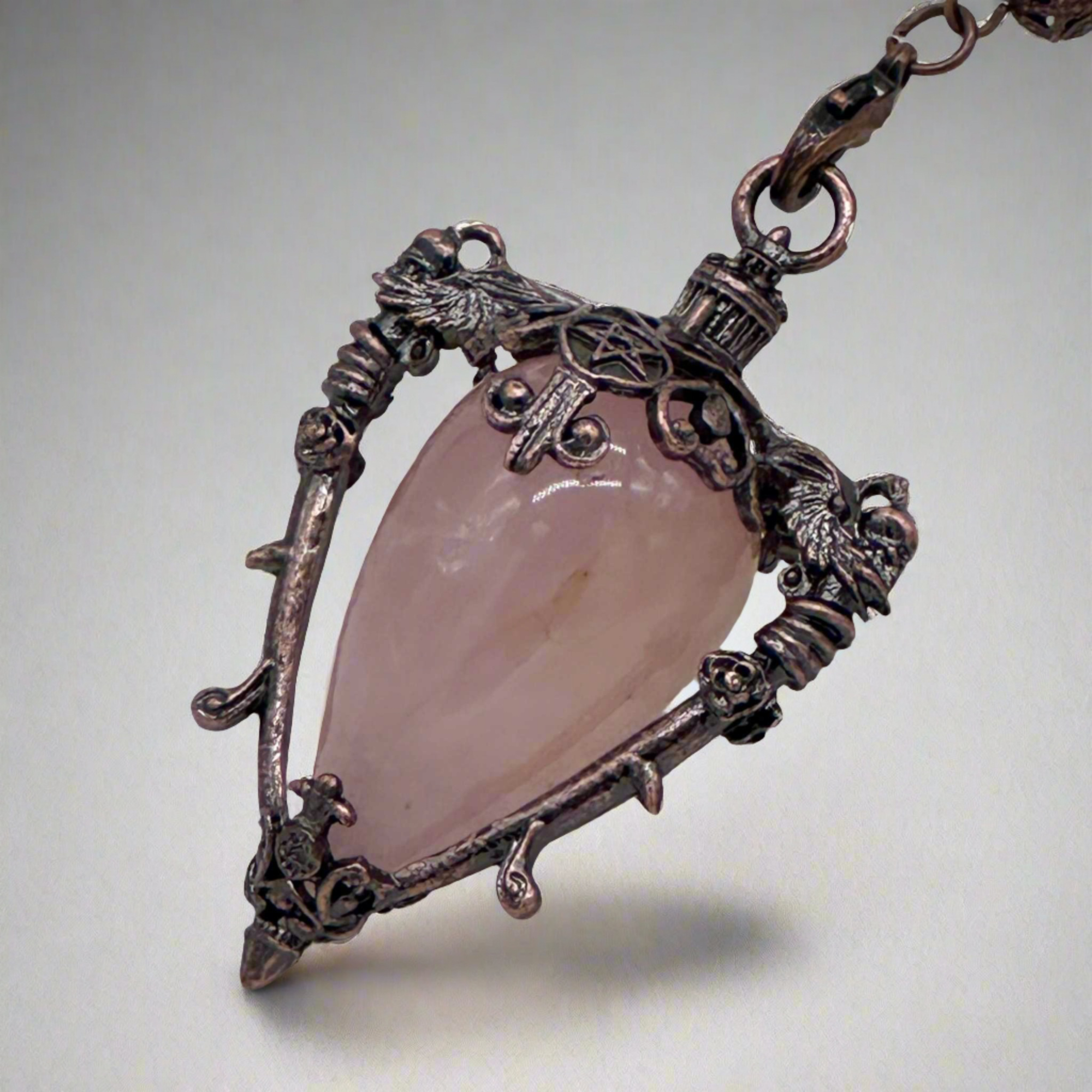 Ornate Rose Quartz Pendulum with Antique Copper Filigree