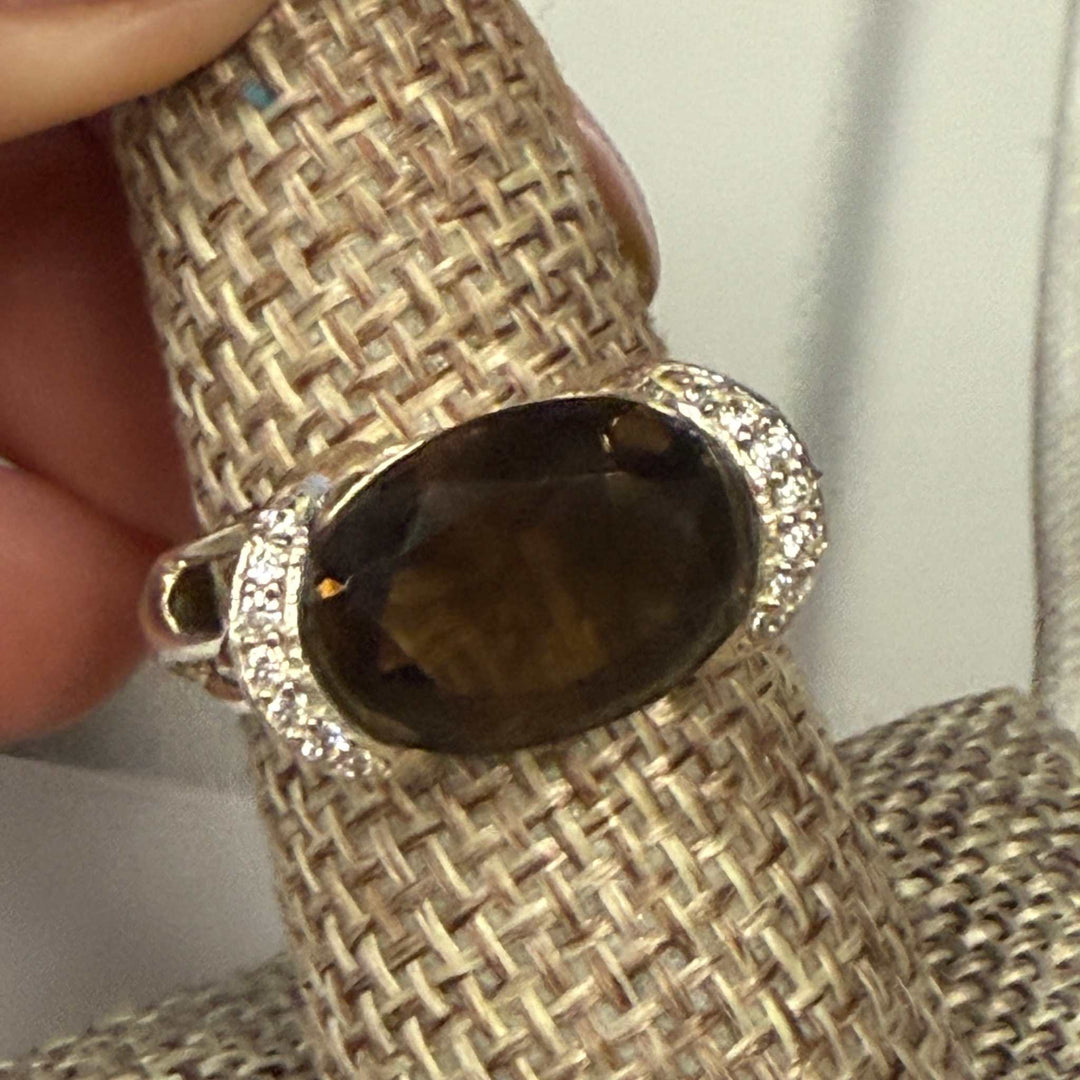 Smokey Quartz Ring Size 8 with oval brown gemstone and diamond accents on silver band