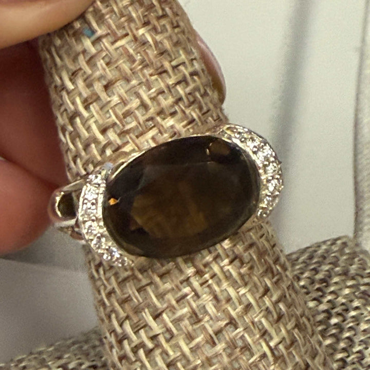 Smokey Quartz Ring Size 8 with oval brown gemstone and diamond accents on silver band