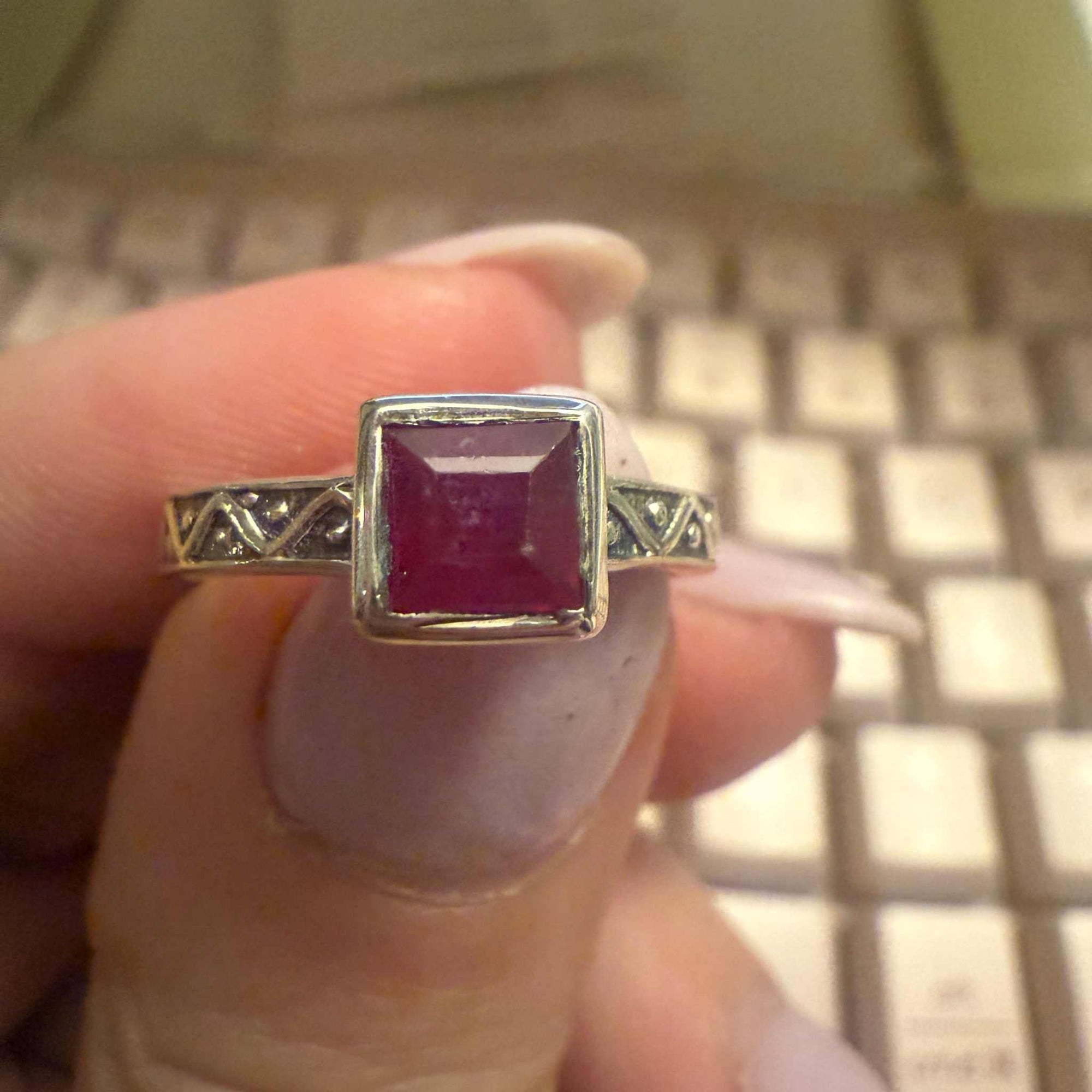 Ruby Square Ring – Sterling Silver with Engraved Band (Size 5)
