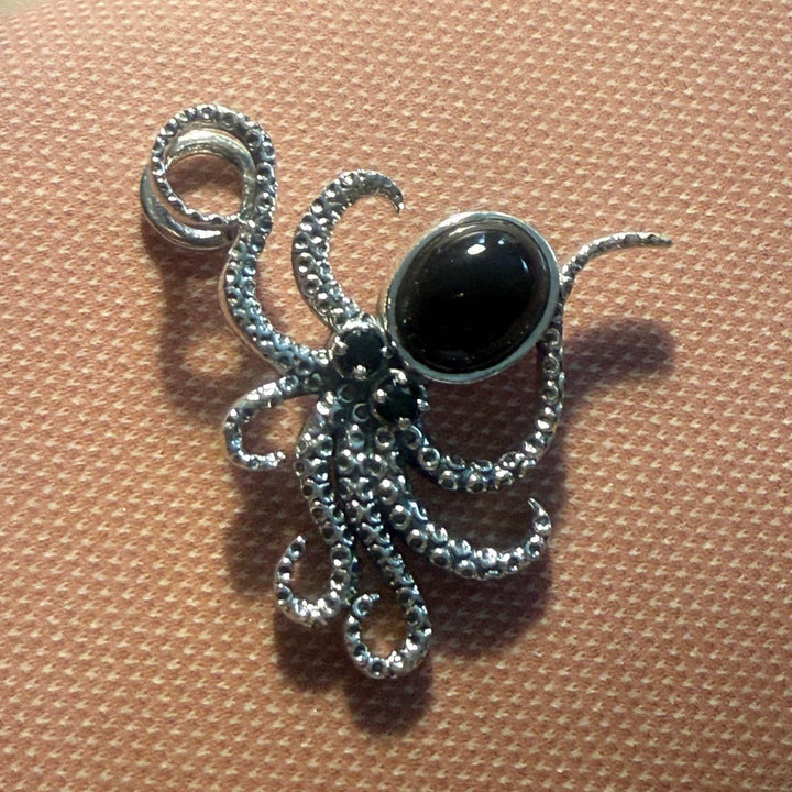 Sterling Silver Octopus Pendant – Larimar, Rainbow Moonstone, or Black Onyx