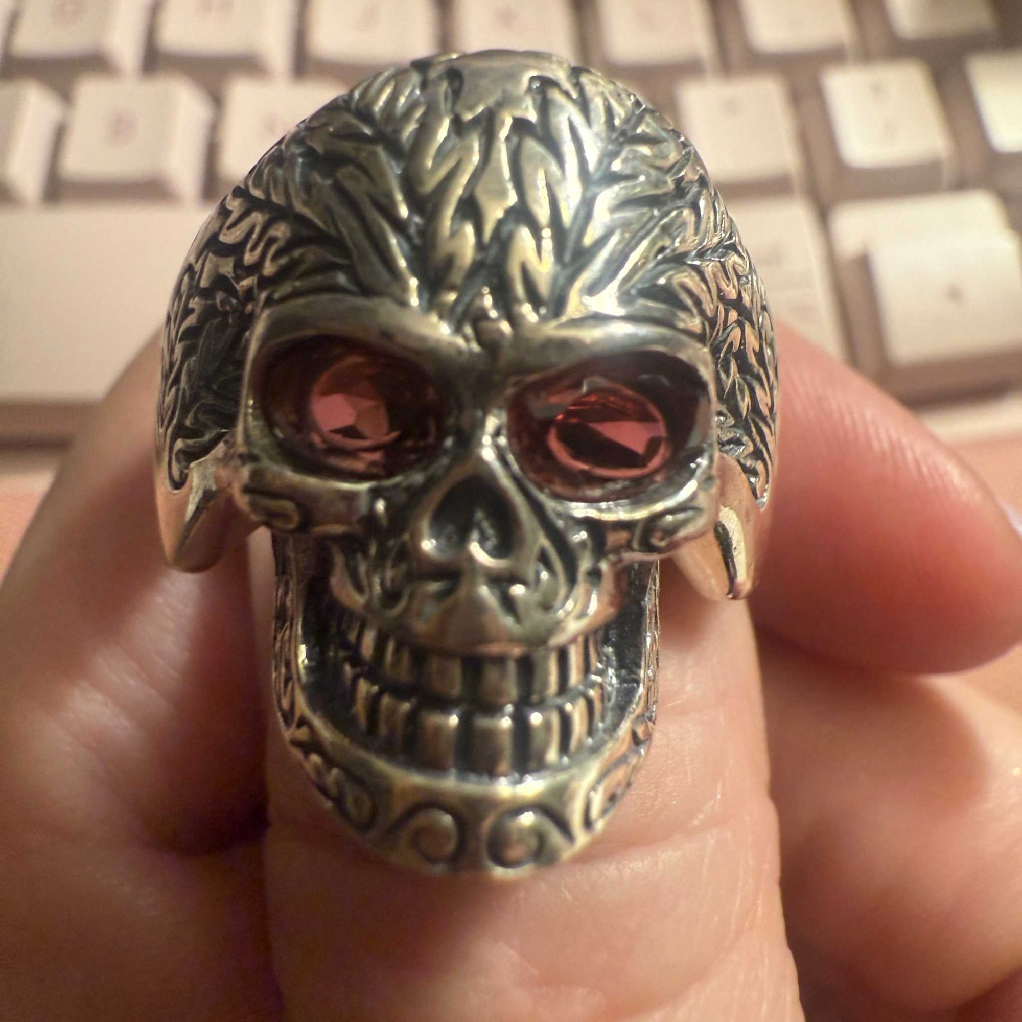 Native Skull Ring with Garnet eyes