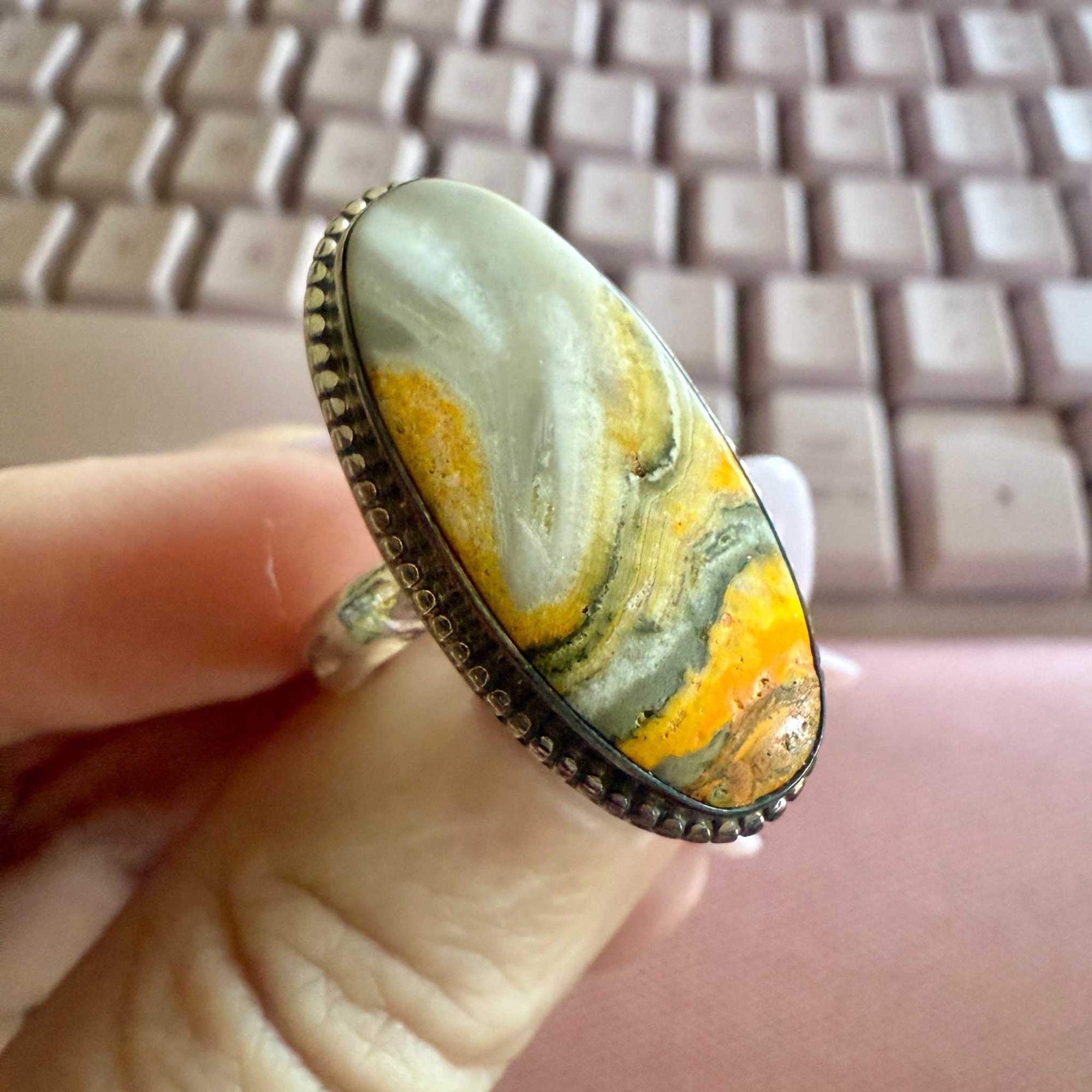 Bumblebee Jasper Oval Statement Ring – Sterling Silver – Size 8