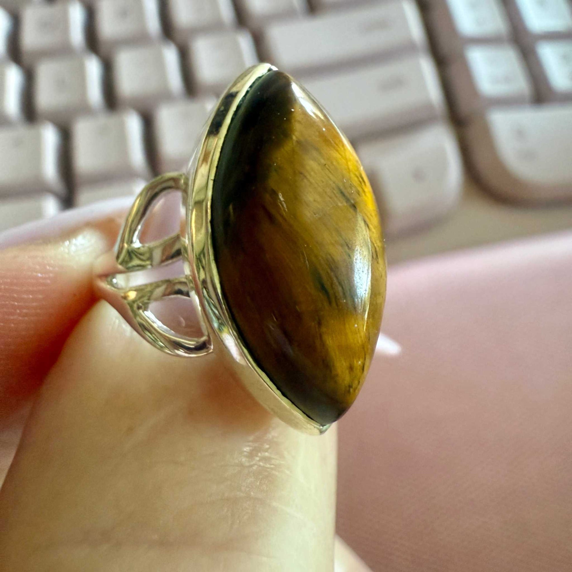 Tiger Eye Marquise Open-Band Ring – Sterling Silver – Size 6