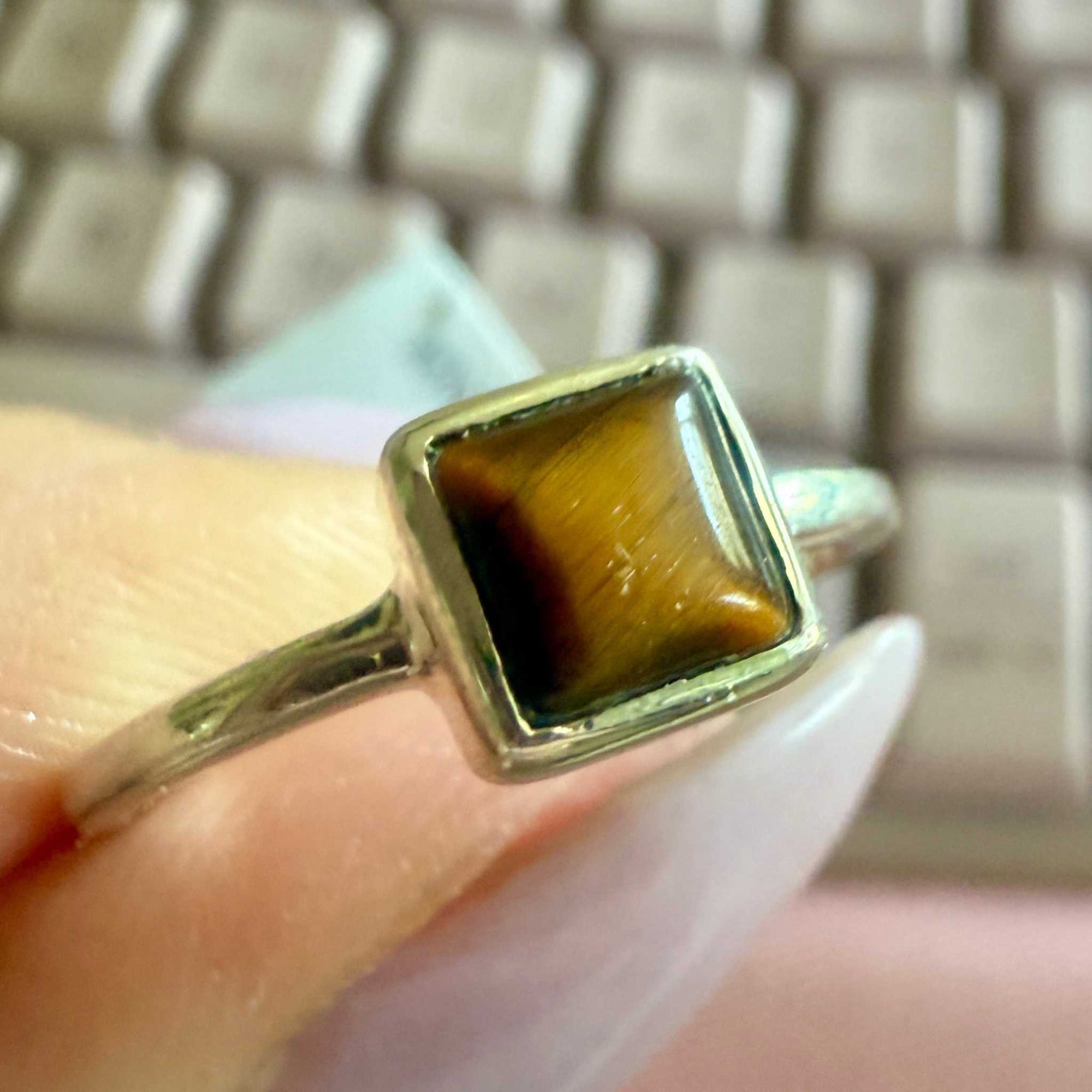 Tiger Eye Square Bezel Ring – Sterling Silver – Size 7 & 9