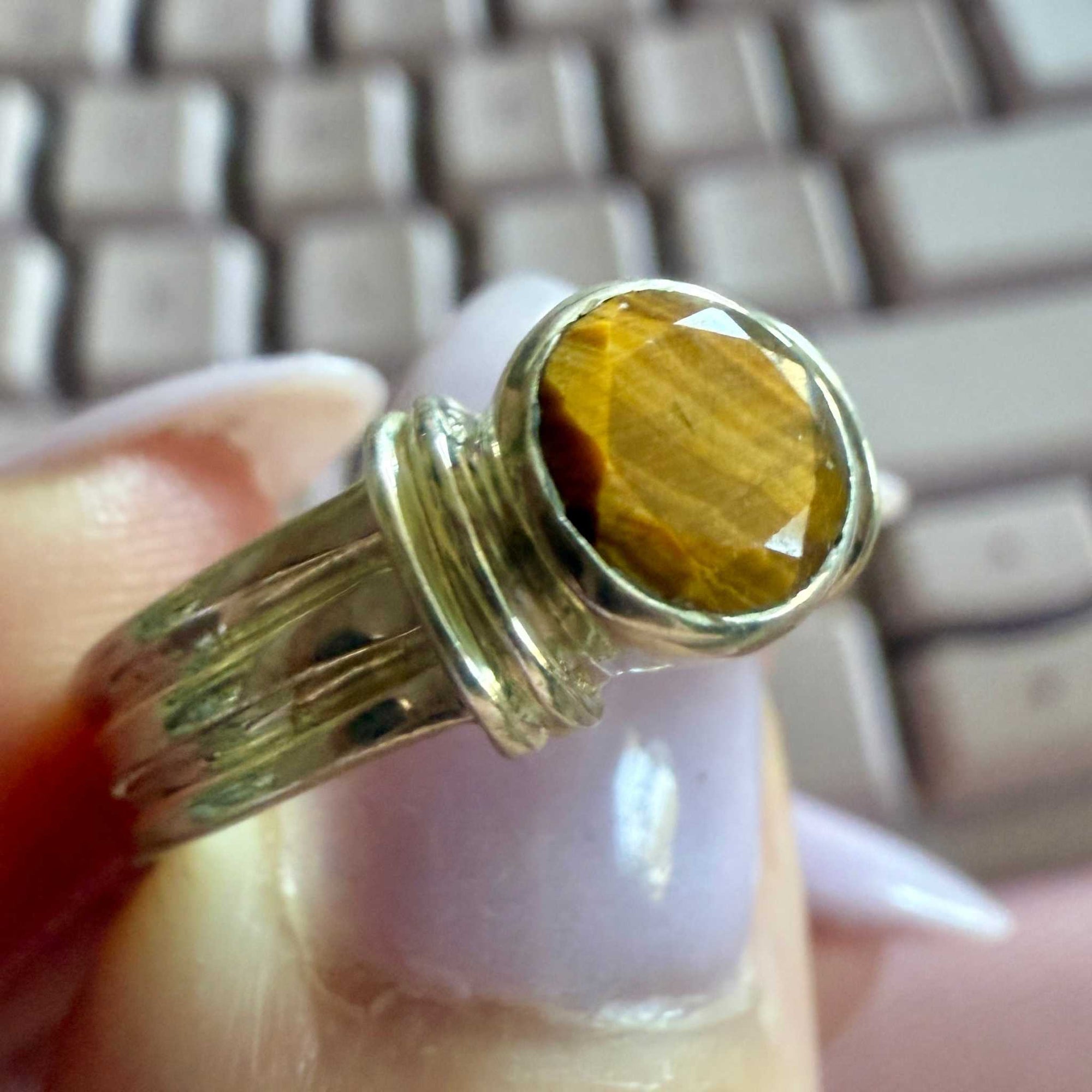 Tiger Eye Faceted Round Ring – Sterling Silver – Size 7