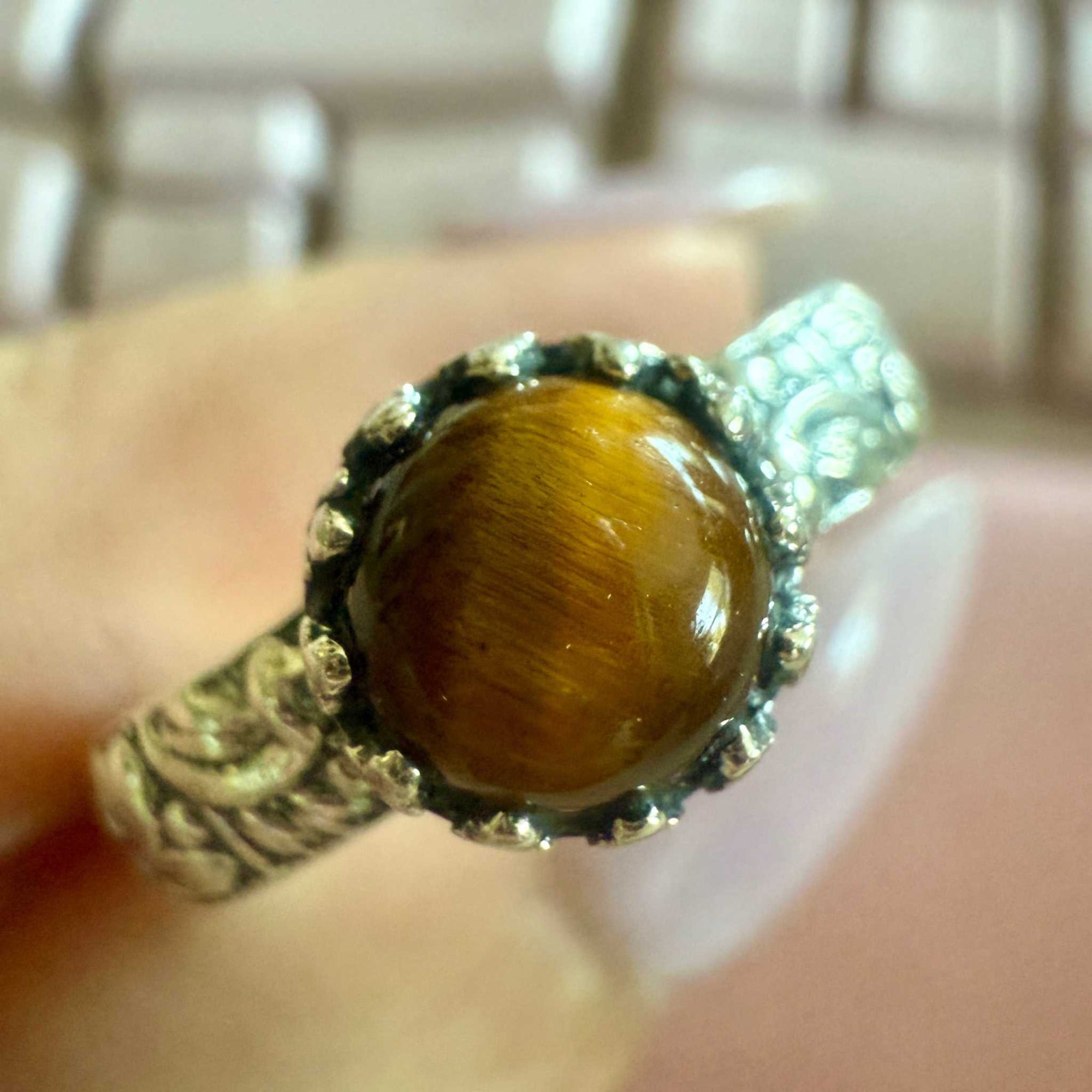Tiger Eye Round Ornate Band Ring – Sterling Silver – Size 10