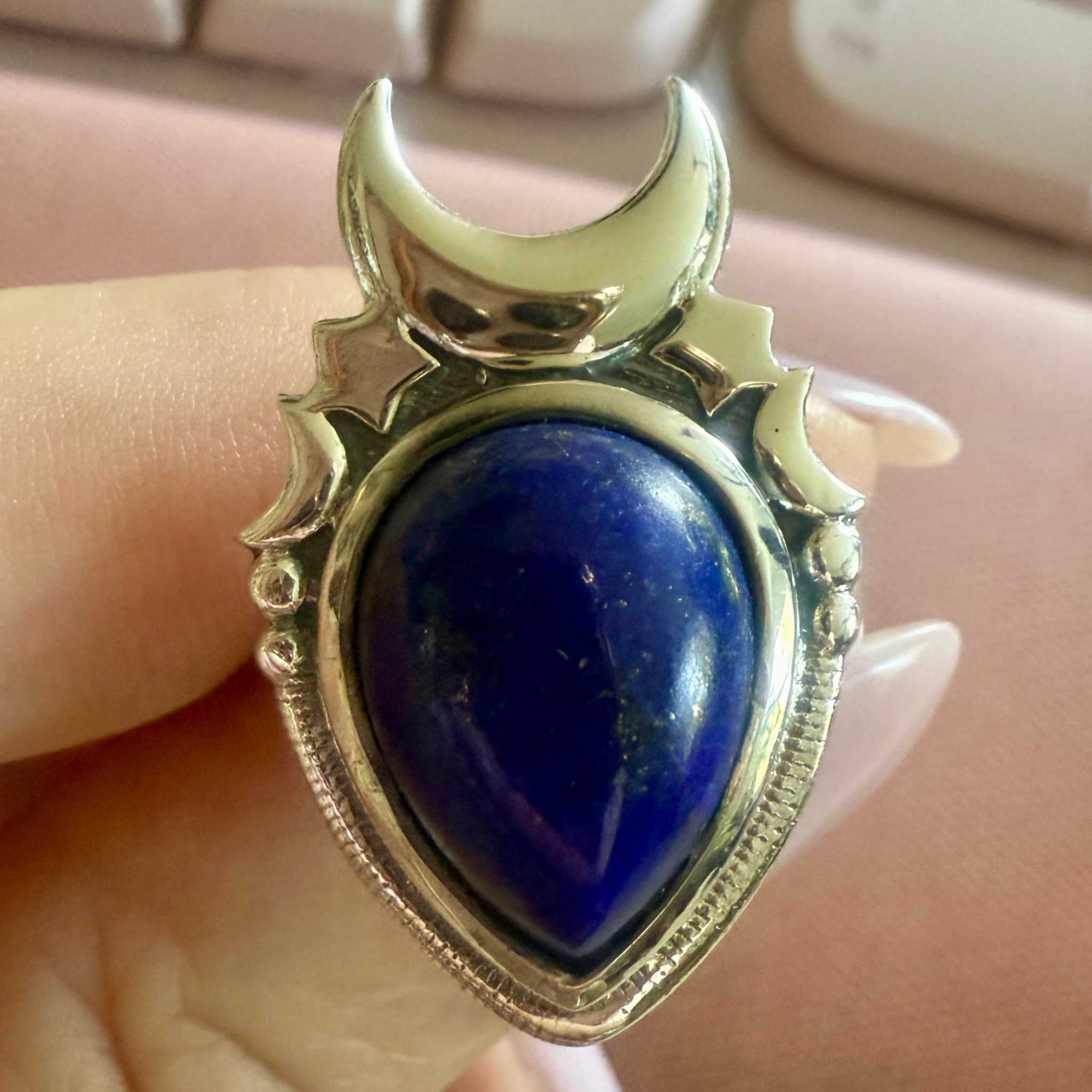 Lapis Lazuli Crescent Moon Shield Ring – Sterling Silver – Sizes 9 & 10