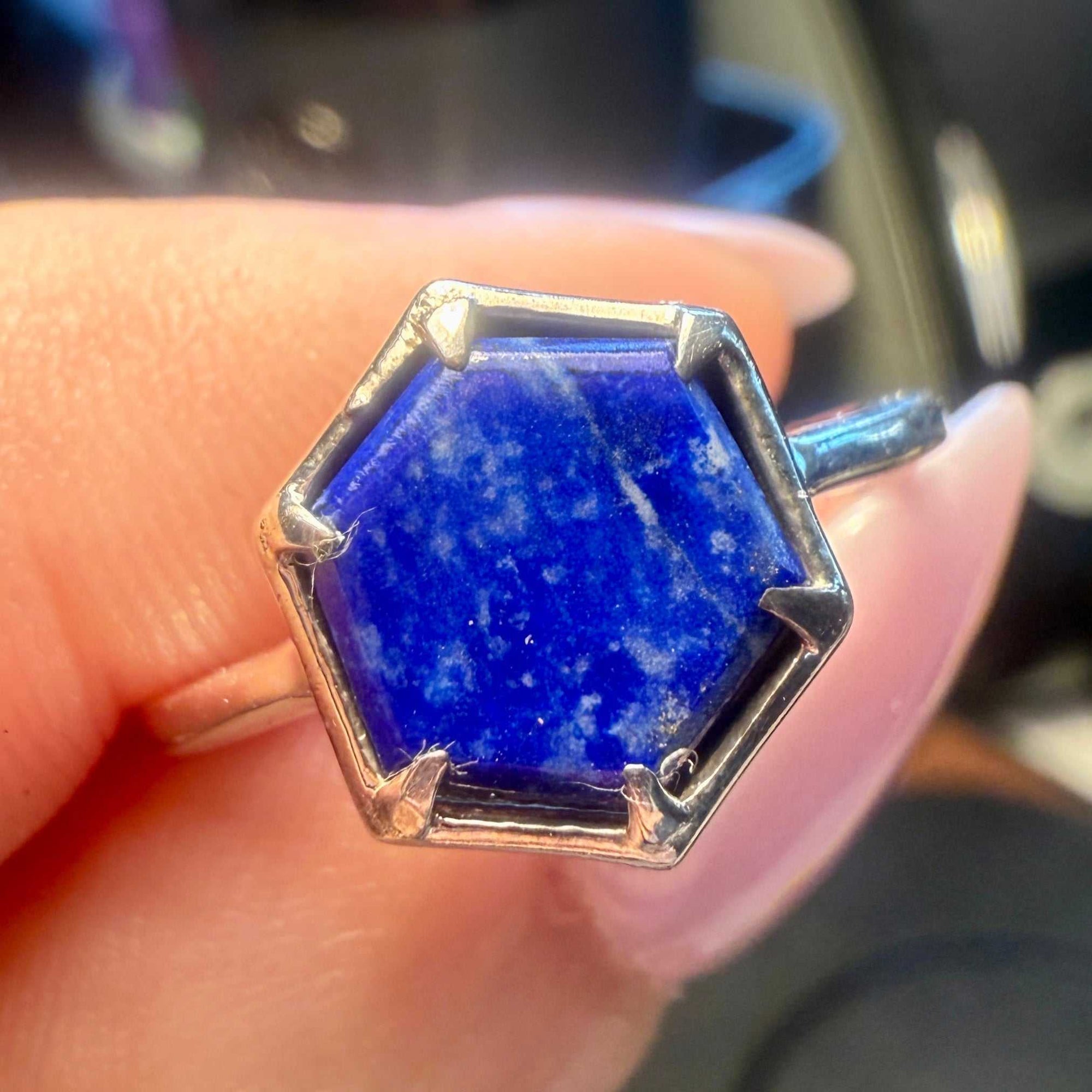 Lapis Lazuli Hexagon Prong-Set Ring – Sterling Silver – Size 7