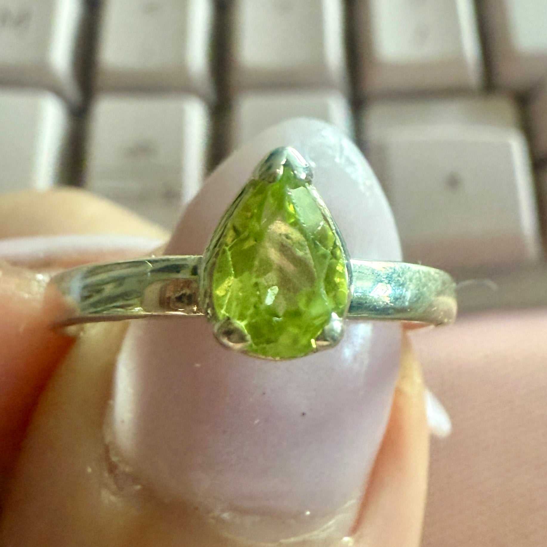 Peridot Teardrop Solitaire Ring – Sterling Silver – Size 7 &amp; 9