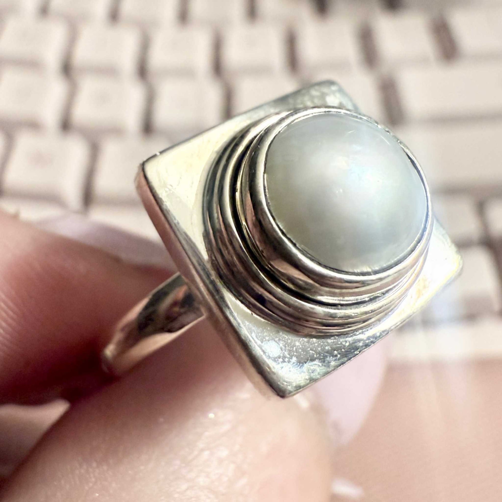 Pearl Square Shield Ring – Sterling Silver – Sizes 7, 8 &amp; 9