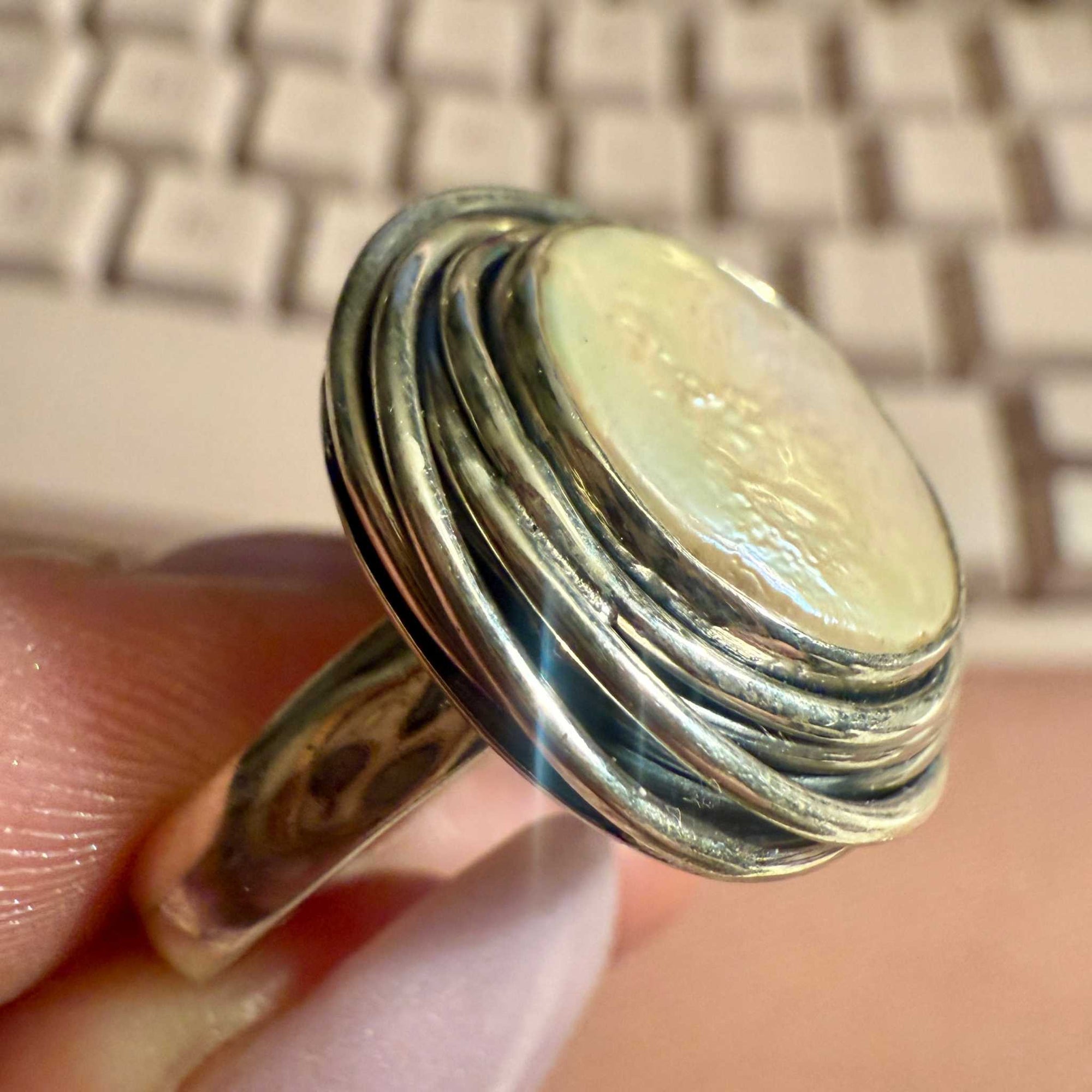 Pearl Multi-Ring Halo Statement Ring – Sterling Silver – Size 8