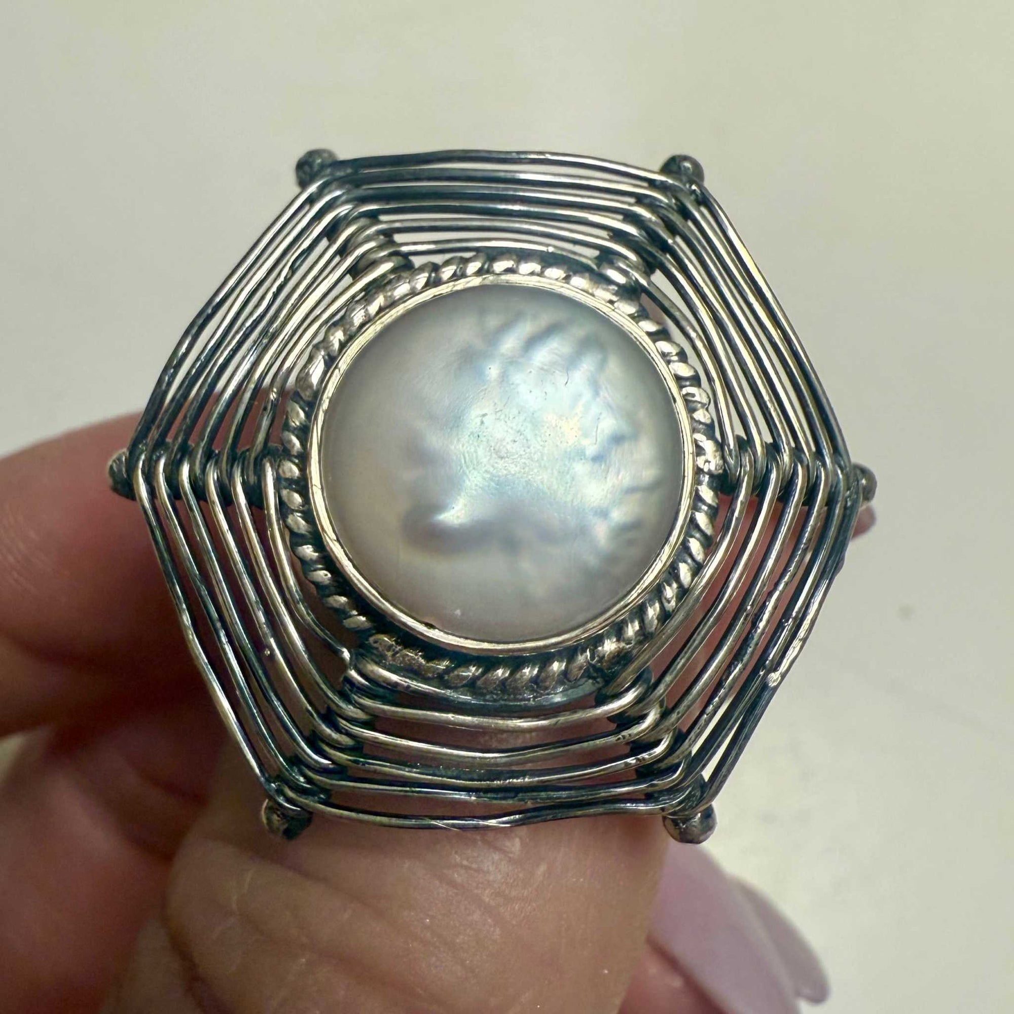 Pearl Woven Hexagon Statement Ring – Sterling Silver – Sizes 7, 8 &amp; 9