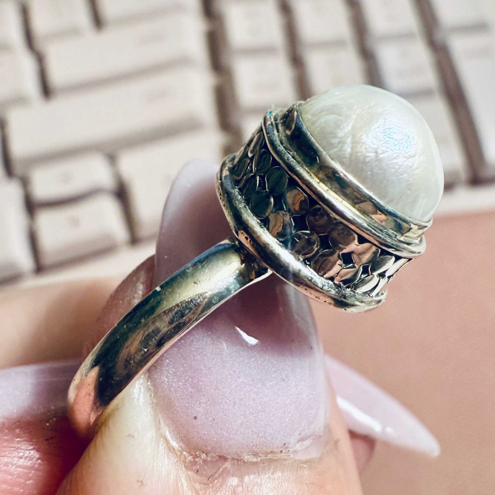 Pearl Textured-Bezel Dome Ring – Sterling Silver – Size 6–8