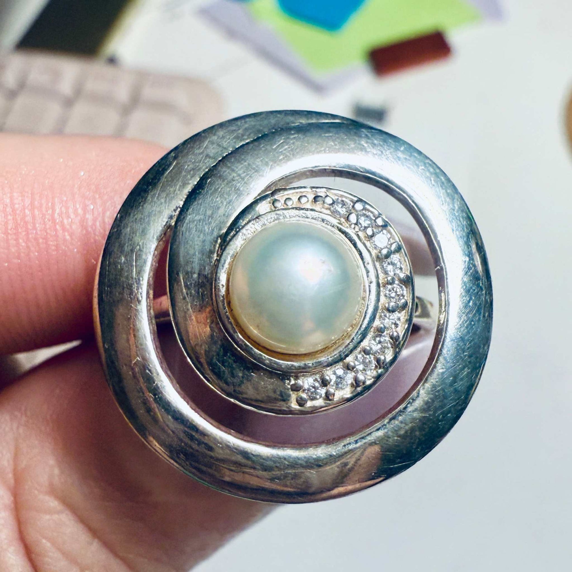 Pearl Spiral Halo Statement Ring – Sterling Silver – Size 6, 7 &amp; 9