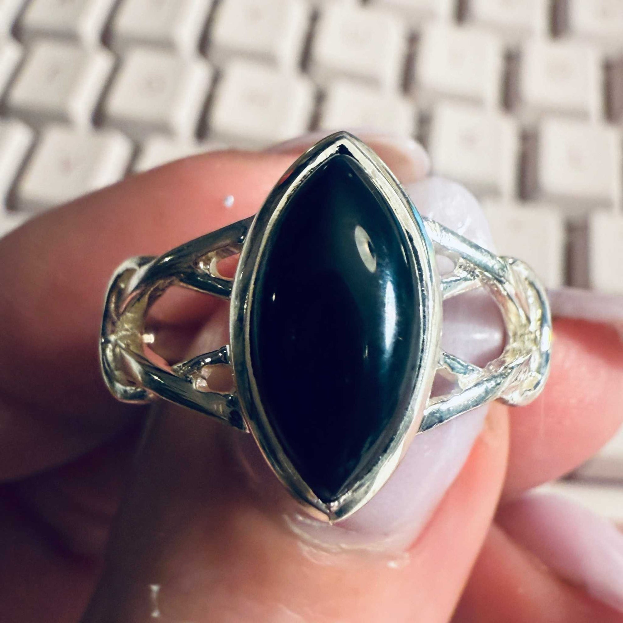 Black Onyx Marquise Filigree Ring – Sterling Silver – Size 9