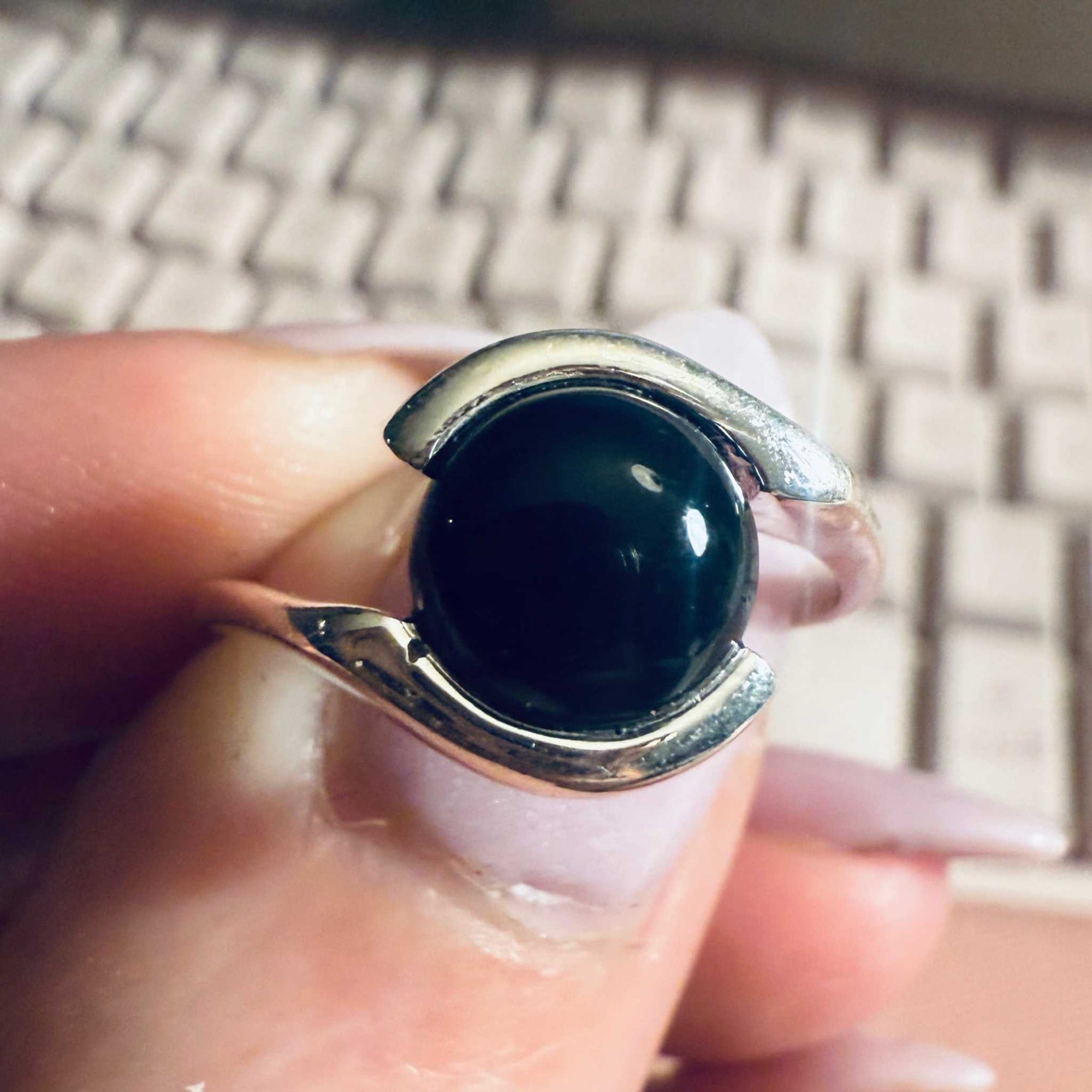 Black Onyx Crescent Wrap Ring – Sterling Silver – Size 8