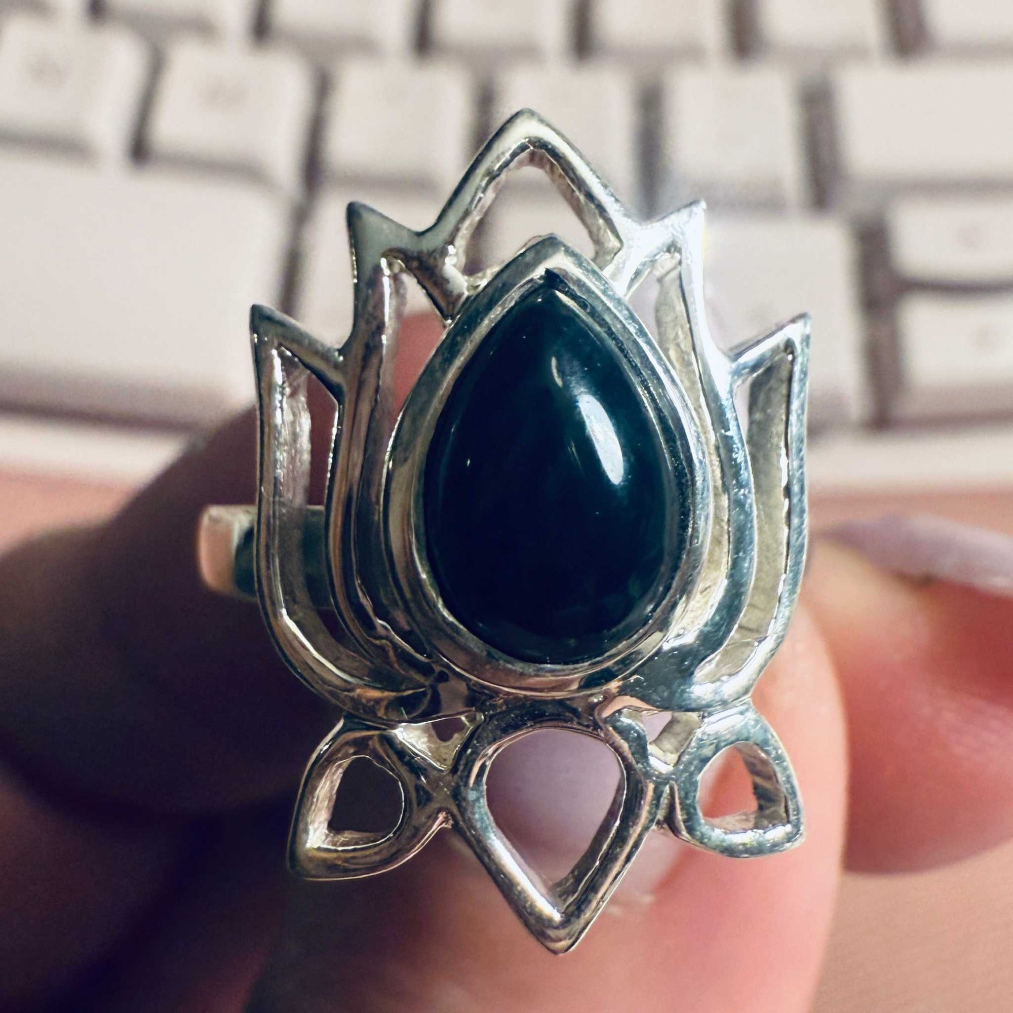 Black Onyx Lotus Frame Ring – Sterling Silver – Sizes 8 and 9