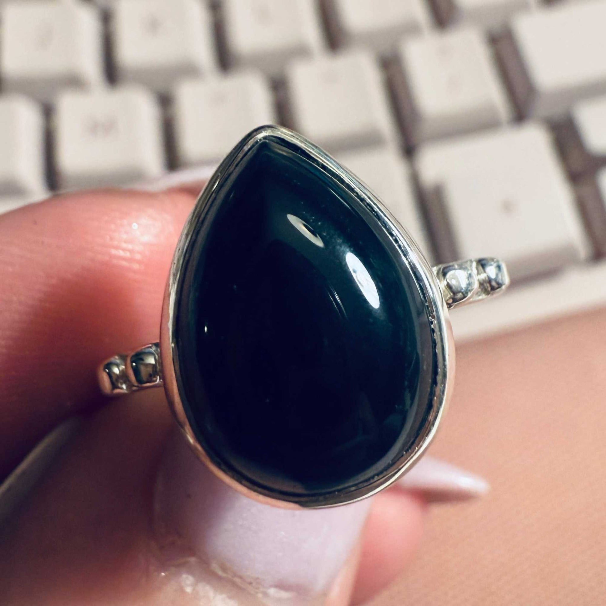 Black Onyx Teardrop Ring – Sterling Silver – Sizes 7 and 9