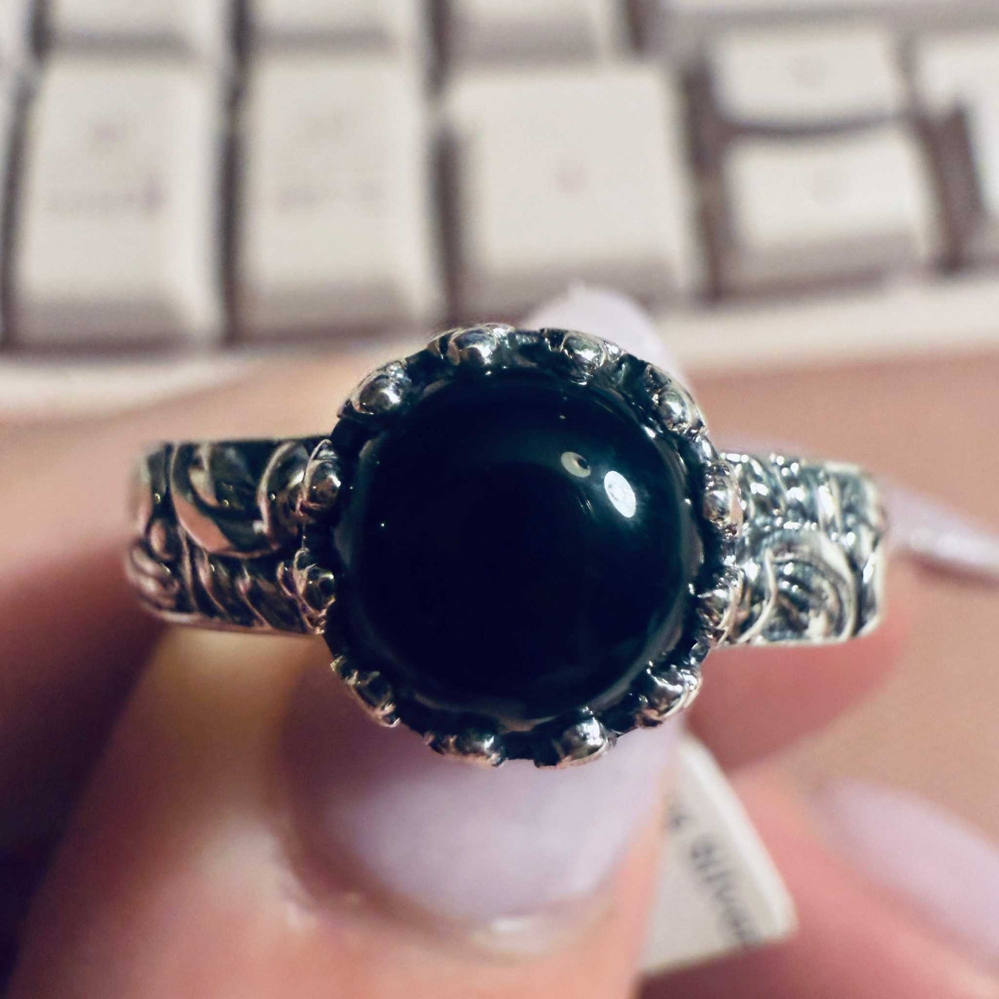 Black Onyx Ornate Round Ring – Sterling Silver – Sizes 8 and 11